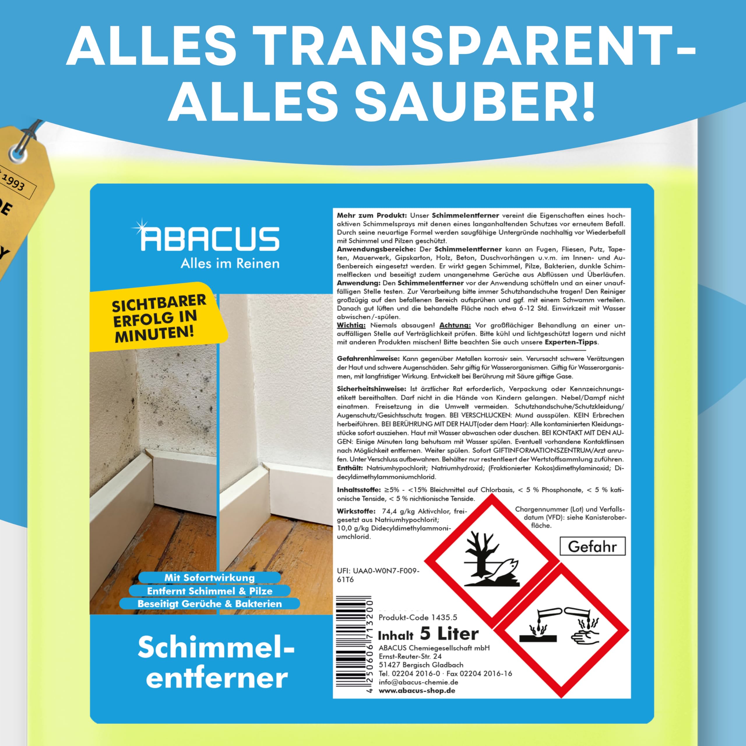 ABACUS® Schimmelentferner, Schimmelspray für Wand & Bad, Schimmelstop mit Langzeitwirkung, Schimmelmittel, Schimmel-Blocker, Schimmel-Entferner, Anti-Schimmel – Schimmelentferner 5 Liter