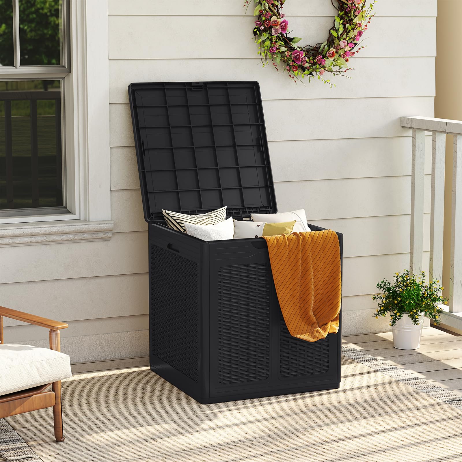 RELAX4LIFE 145 L Cassapanca Baule da Esterno in Rattan, in PP Impermeabile con Coperchio Bloccatore, Maniglie Laterali, Cassa per Conservazione Patio per Pacchi, Attrezzi, Cuscini (NERO)