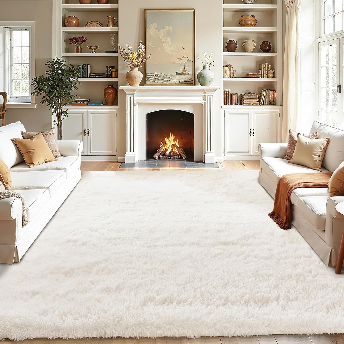 Alfombras blancas esponjosas para dormitorio – Alfombra de felpa suave de 5 x 7 para sala de estar, guardería, habitación de niños – Alfombras antideslizantes y peludas para niñas y niños, decoración de sala de juegos, dormitorio, color blanco crema