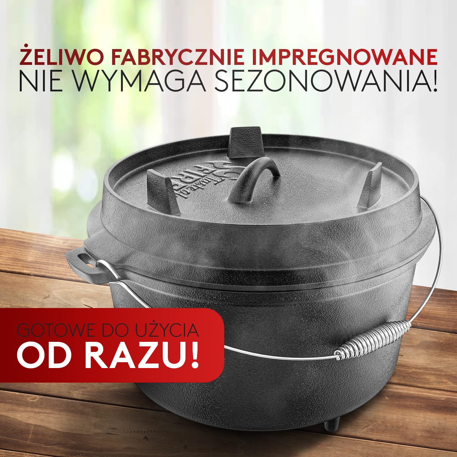 Taste of Fire [Oryginał] - Zestaw Kociołka Żeliwnego Dutch Oven 7,4L z Nóżkami i Pokrywą 1,8L o Podwójnej Funkcji jako Patelnia Grillowa – w zestawie Podnośnik do Pokrywy