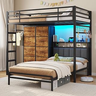 DICTAC L-Shaped Twin Over Twin Bunk Bed with 8 Storage Drawers, RGB LED Lights, Charging Station & Headboard Storage - Black for Kids/Teens