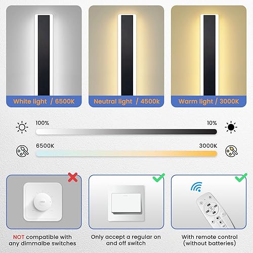 Miniatura 2 de Apliques de pared modernos regulables para exteriores de 23.6 pulgadas con control remoto, montados en la pared con 3 colores (3000 K4500 K6000 k),