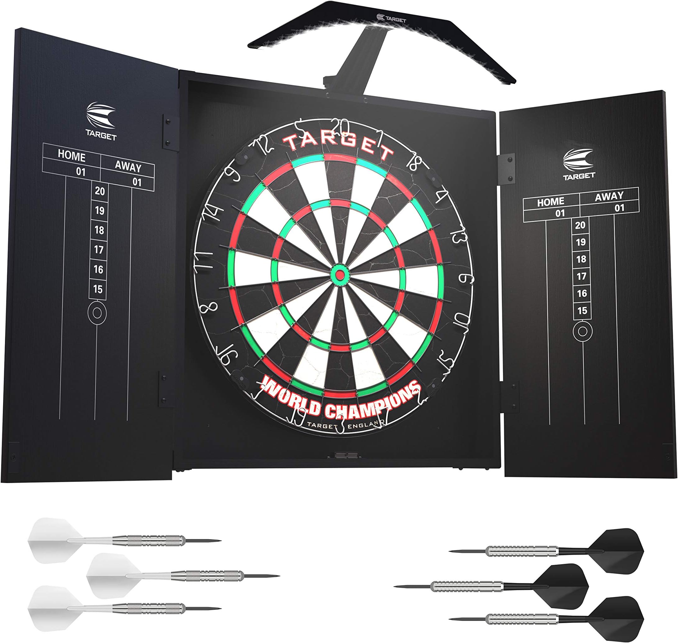 Target Darts Arc Dartboard Lighting System Home Cabinet Set - Includes World Champions Dartboard and 2 Sets of Darts, Black