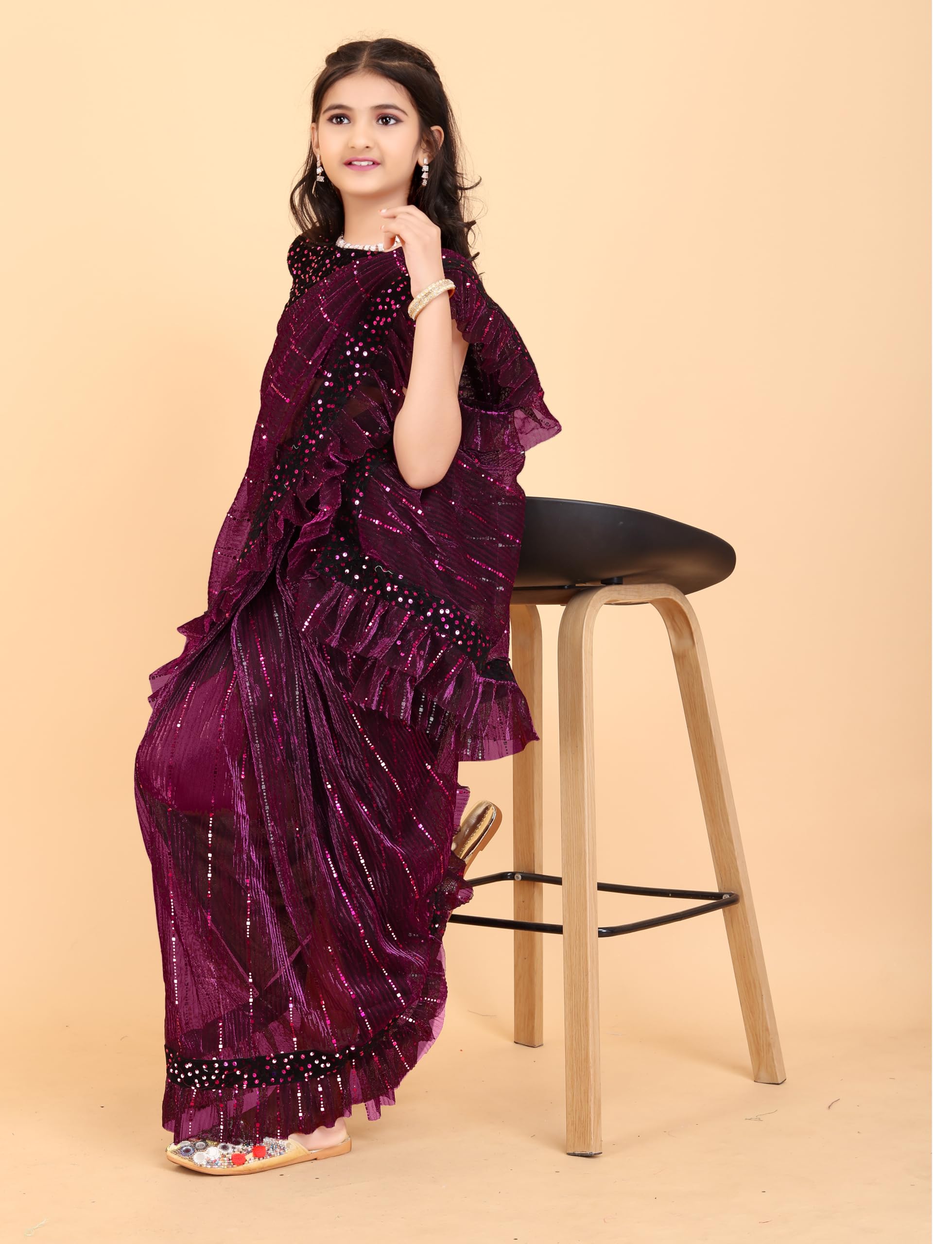 SHRITHI FASHION FAB Kid's Lycra Blend Net Embellished Pattern Ready To Wear Saree with Unstitched Blouse Piece and Plain Weave Type 4