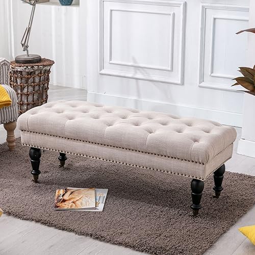 LukeAlon Banco de comedor vintage de sherpa, banco de comedor tapizado con cabeza de clavos, banco auxiliar rectangular con patas de madera maciza,