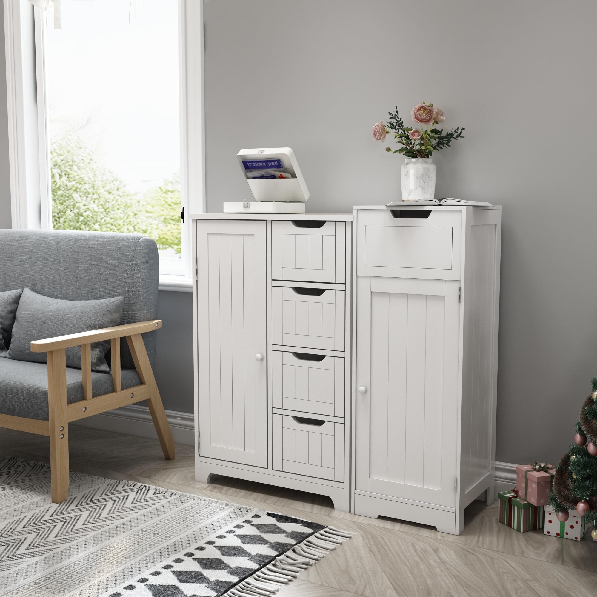 Mondeer Badschrank Schmal, Badezimmerschrank mit 1 Schubladen 1 Tür 2 Regal, 32x30x87cm Weiß MDF Holz Lackiertes, Badmöbel für Badezimmer Küche Wohnzimmer Eingang