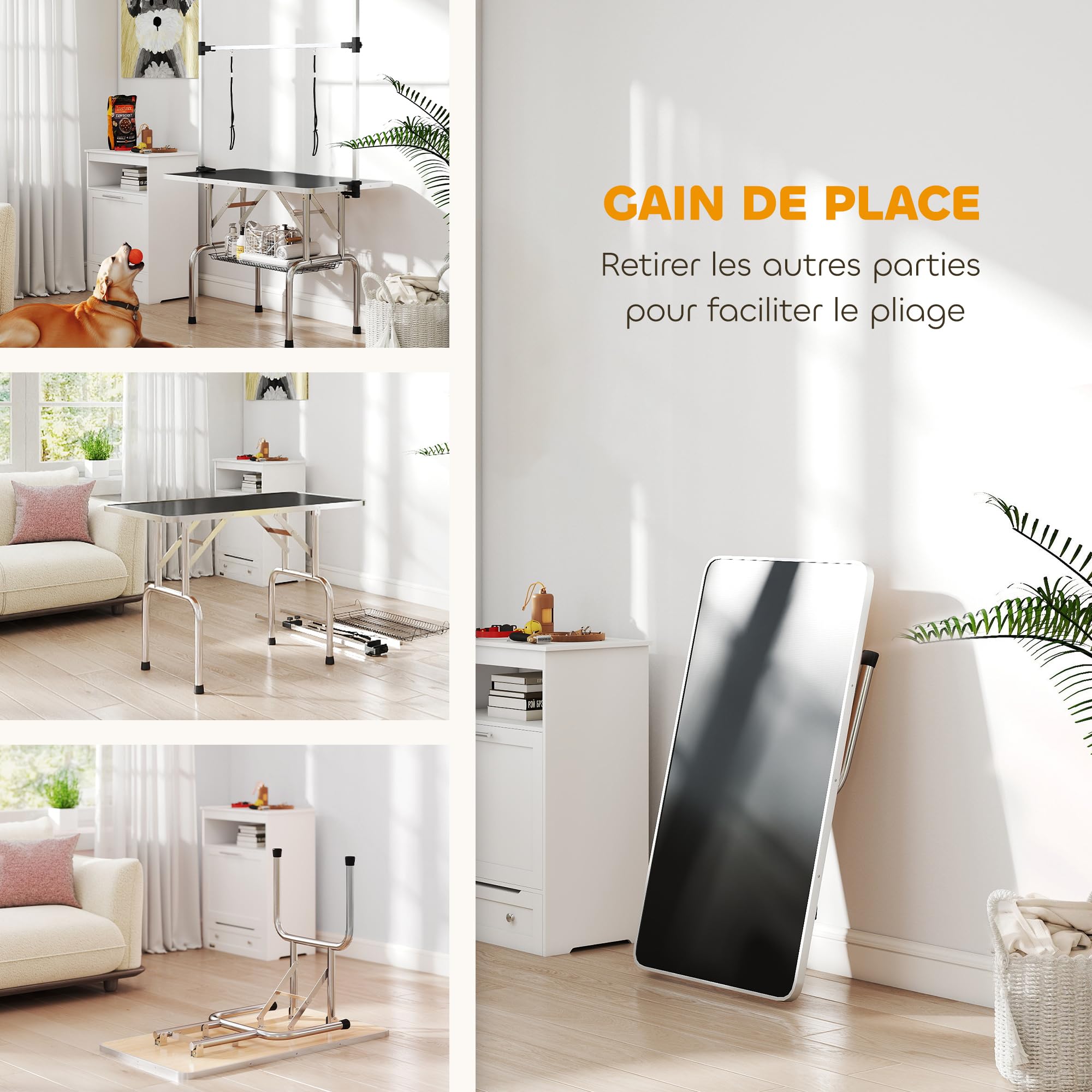 PawHut Table de toilettage pour Chien Chat Animaux, Pliante 107x60x76cm - Potence H INOX réglable - Station Robuste 100kg avec Surface antidérapante - 2 Sangles, Panier Maille - idéal Domicile - Noir