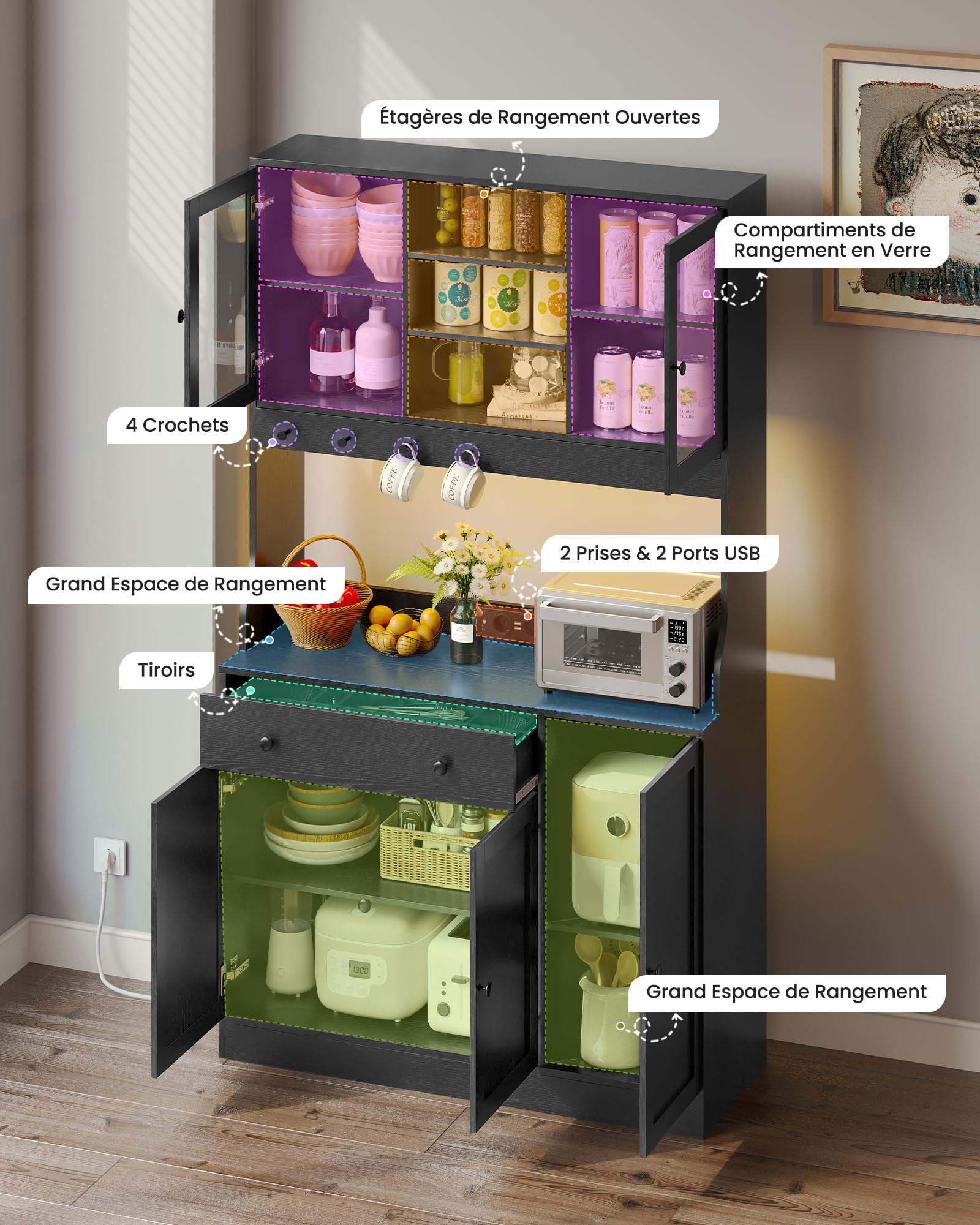 Meuble Buffet Cuisine avec LED et Multiprise, Armoire Cuisine avec Plan de Travail, 4 Compartiments Fermés, Tiroir avec Séparateurs Ajustables, 4 Crochets, Étagères Réglables, 103,5x40x180 cm, Noir