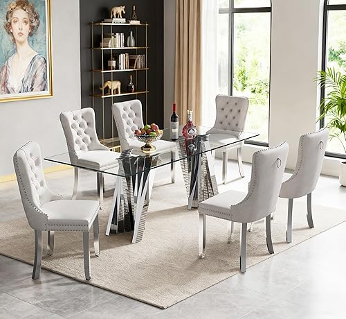 Miniatura 14 de Juego de 5 mesas de comedor de cristal plateado, mesa rectangular moderna de cocina y comedor de 70 pulgadas para 4, mesa de comedor de vidrio Mesa