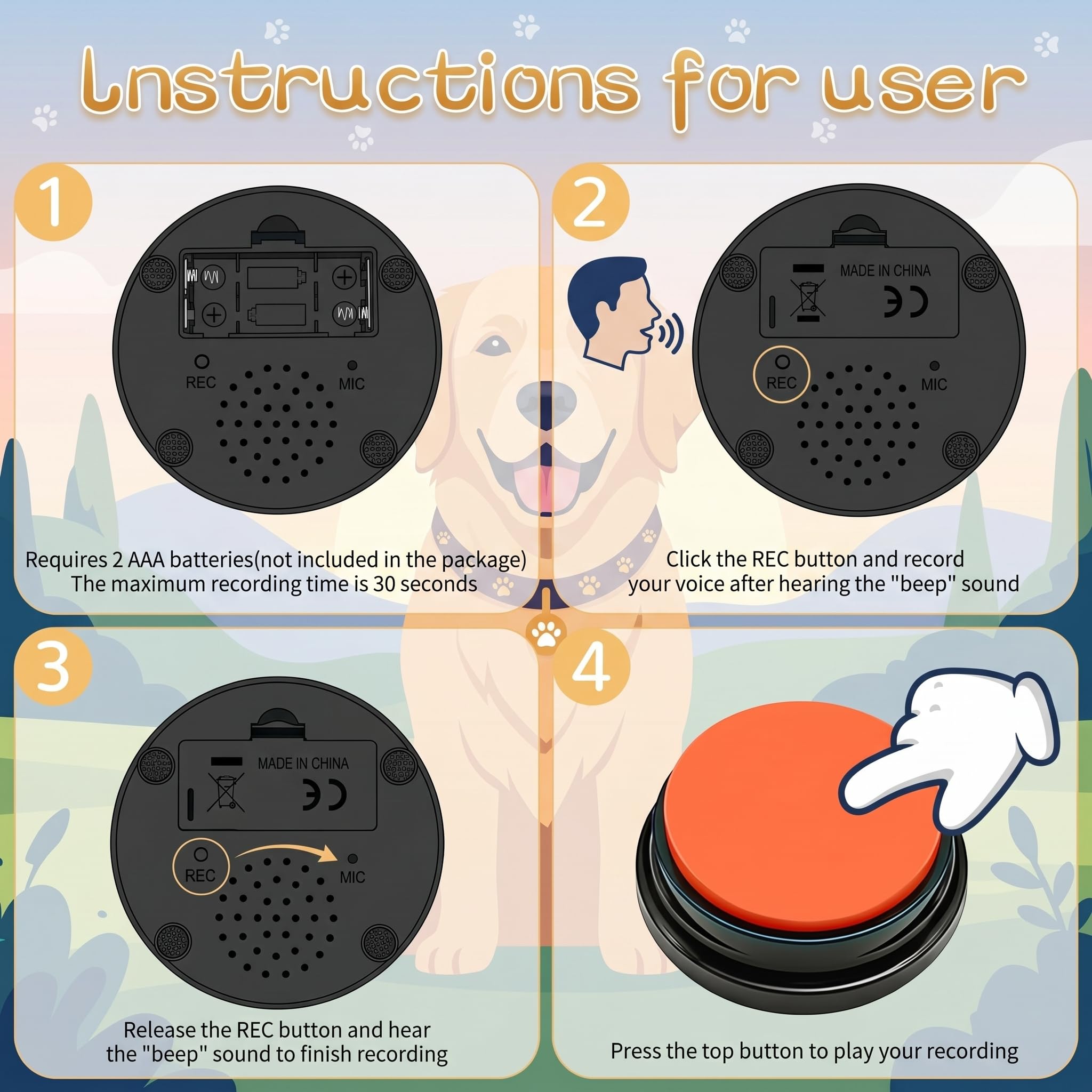 Buzzer avec Fonction d'enregistrement, kit de 12 buzzers avec Son, Comprend 50 Autocollants, Bouton de Dressage pour Chien, Bouton Qui Fait des Sons de Chien