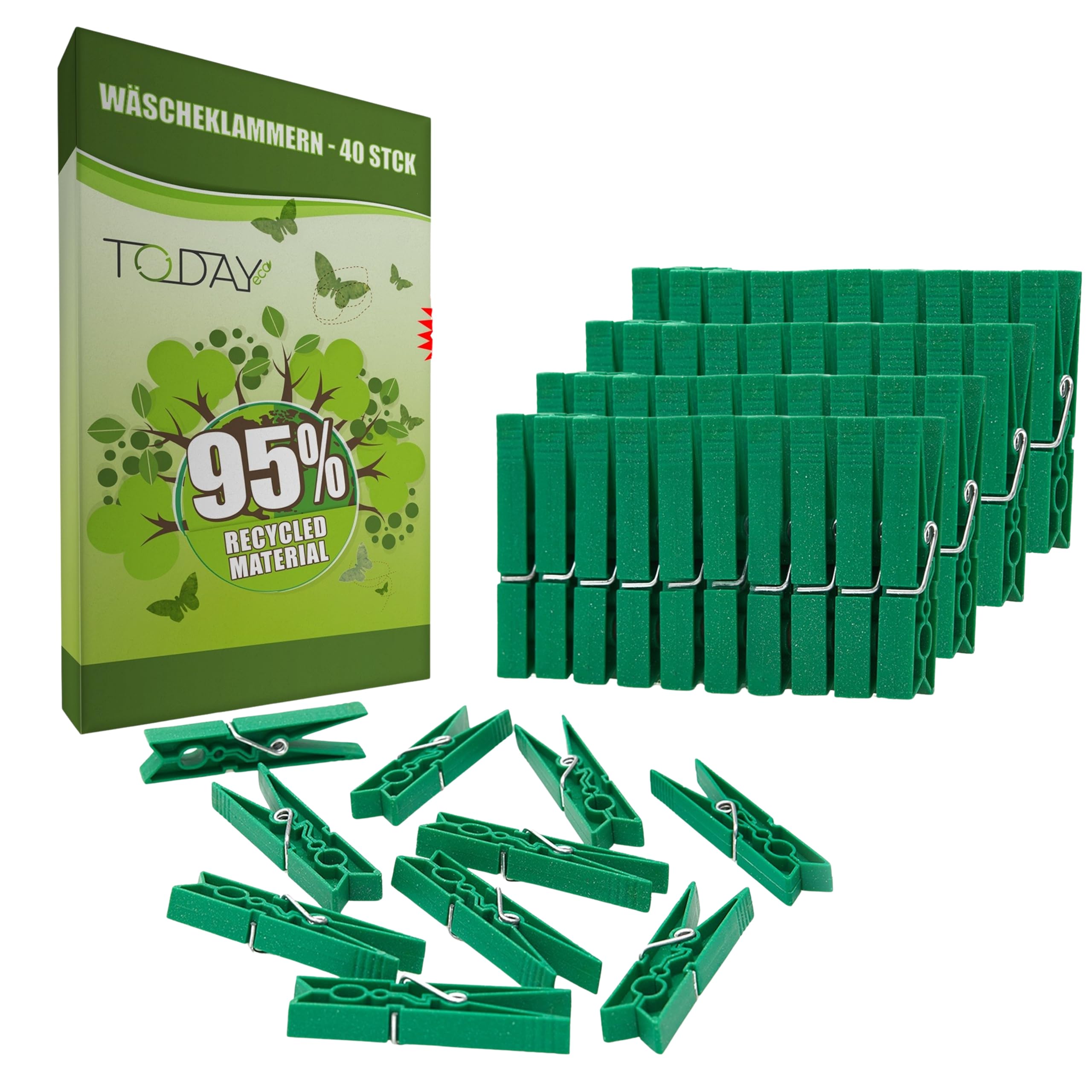 Today Eco – 40 Wäscheklammern aus 95 % recyceltem Post-Consumer-Kunststoff – Großes Format, rostfrei, widerstandsfähig und windfest