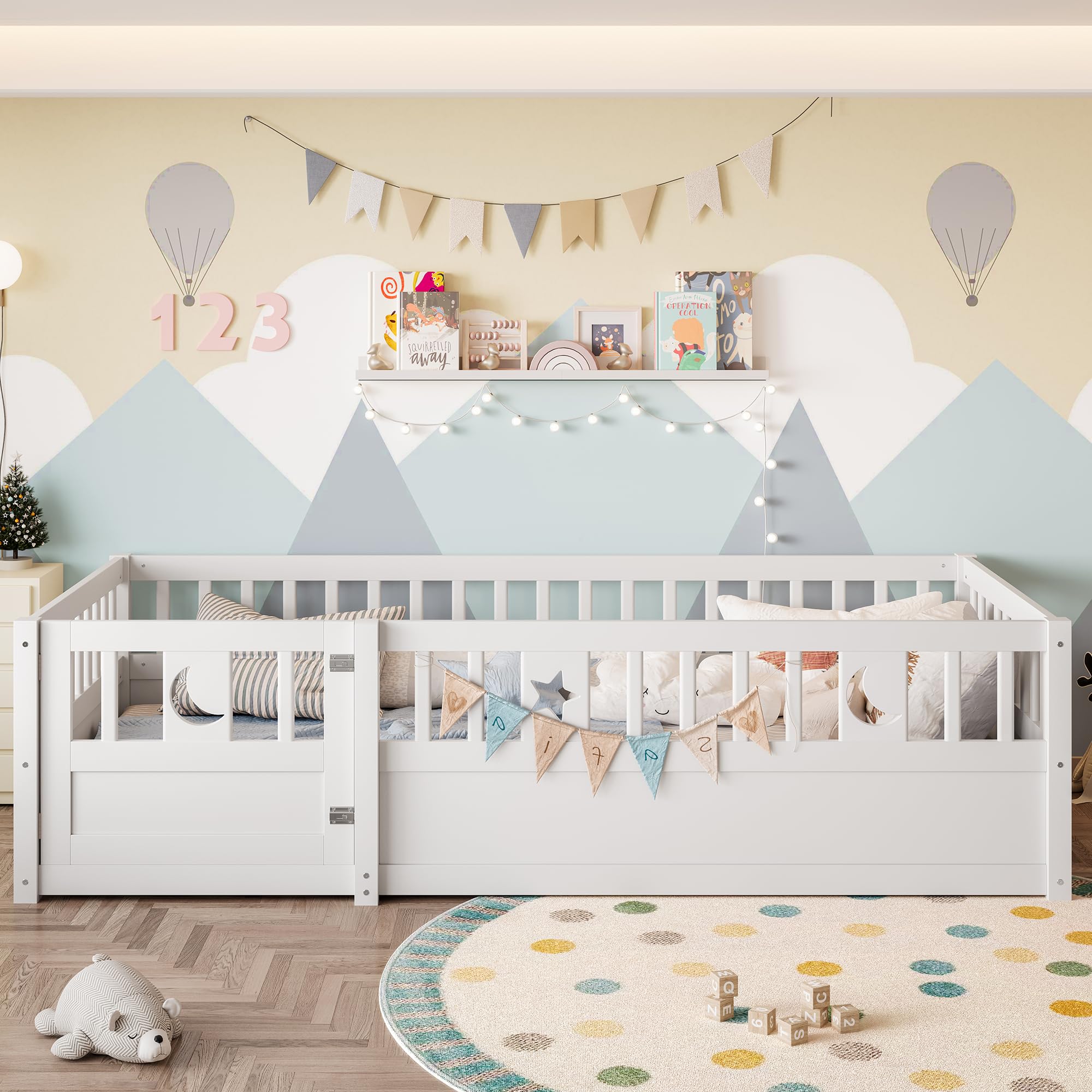 Cama Infantil al Suelo 90 x 190 cm, Cama Montessori con Barreras para Niños con Protección, Decoración de Estrella y Luna, sin somier de láminas, Colchón no Incluido, Blanco