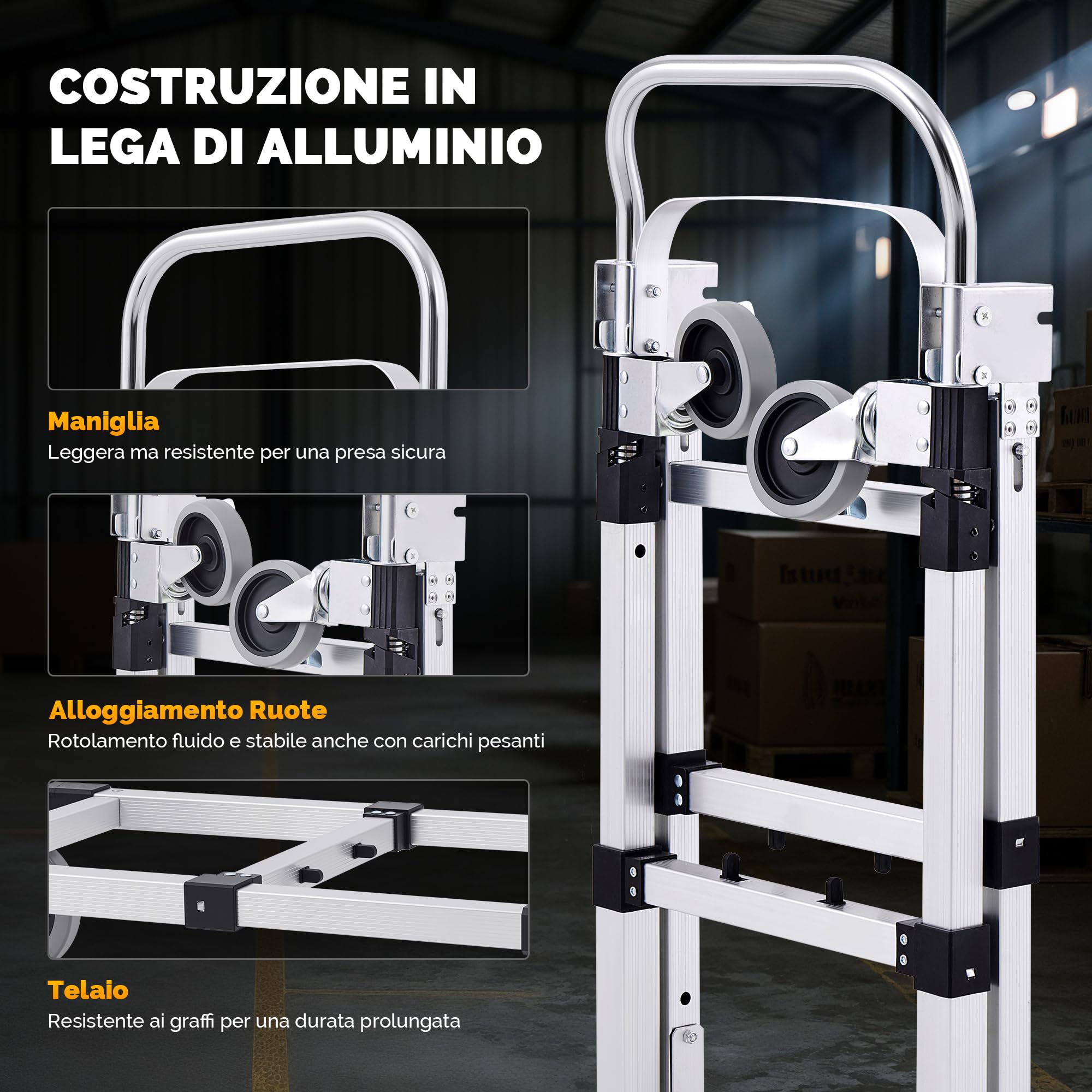 CREWORKS Carrello Pieghevole 2 in 1 Capacità 270 kg, Carrello Portapacchi con Ruote Girevoli Bloccabili e 2 Cinghie, Carrello in Lega di Alluminio Regolabile in Altezza per Casa, Magazzino, Ufficio