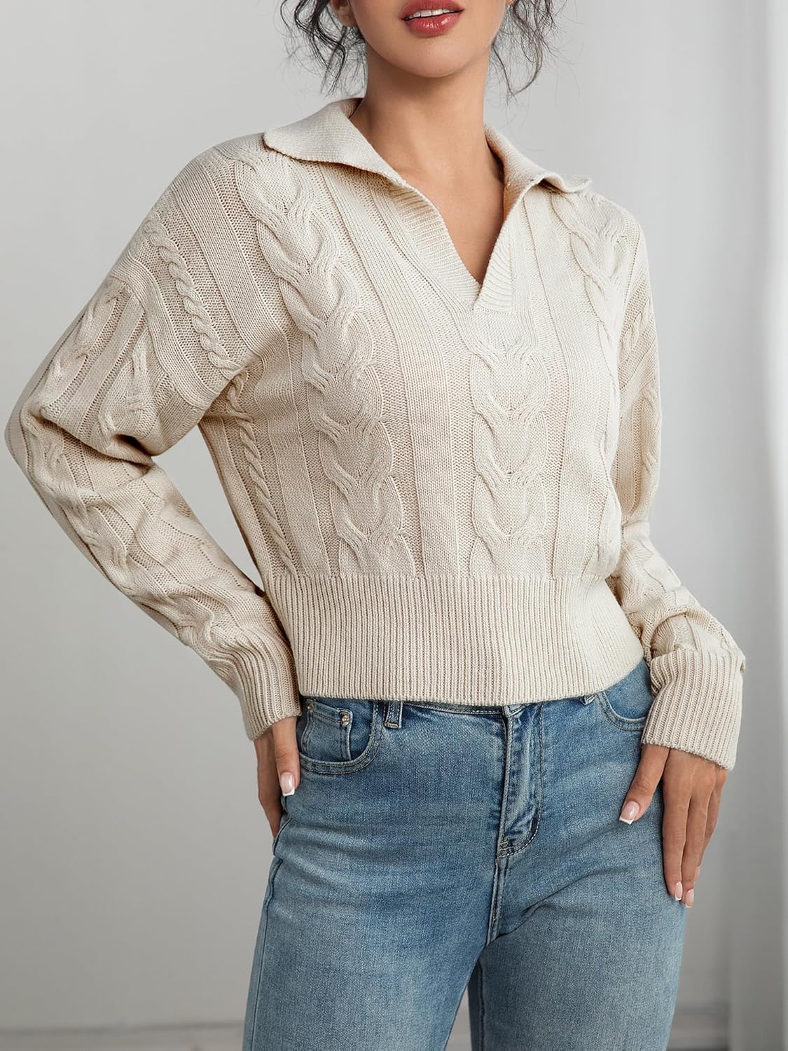 Women's V Neck Cable Pullover Sweaters Casual Long Sleeve Cropped Knitted Tops - Image 3