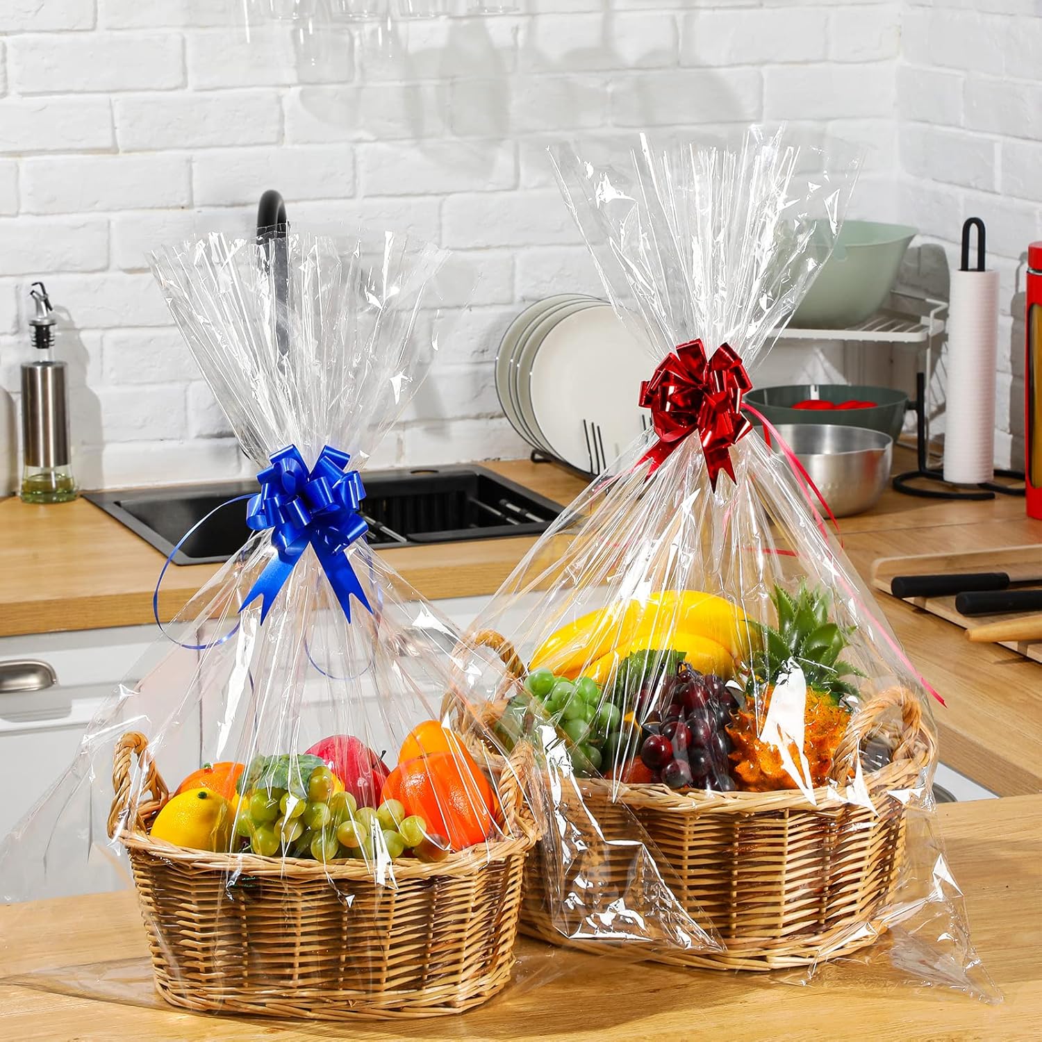 Maitys 2 Sets Basket for Gifts Empty Bulk Large Woven Wicker Empty Gift Baskets with Handles Clear Cellophane Wrap Kraft Cards Pull Bows to Fill for Baby Shower Birthday Wedding Christmas Housewarming