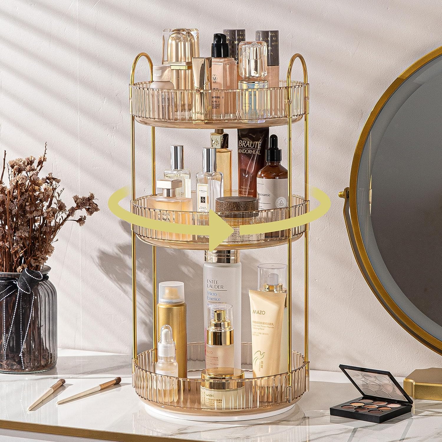360°Rotating Makeup Organizer for Vanity, Large Capacity Perfume Display Stand Makeup Organizer Cosmetic Skincare Organizer Countertop Dresser Storage Shelf (3 Tier, Amber)