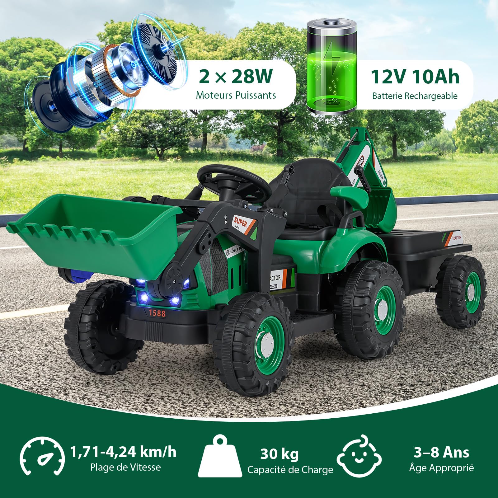 COSTWAY 12V Tracteur Électrique Enfant avec Pelle & Godet Réglables, Remorque Amovible, Télécommande, 1,7-4,2 km/h, 3-8 Ans Vert