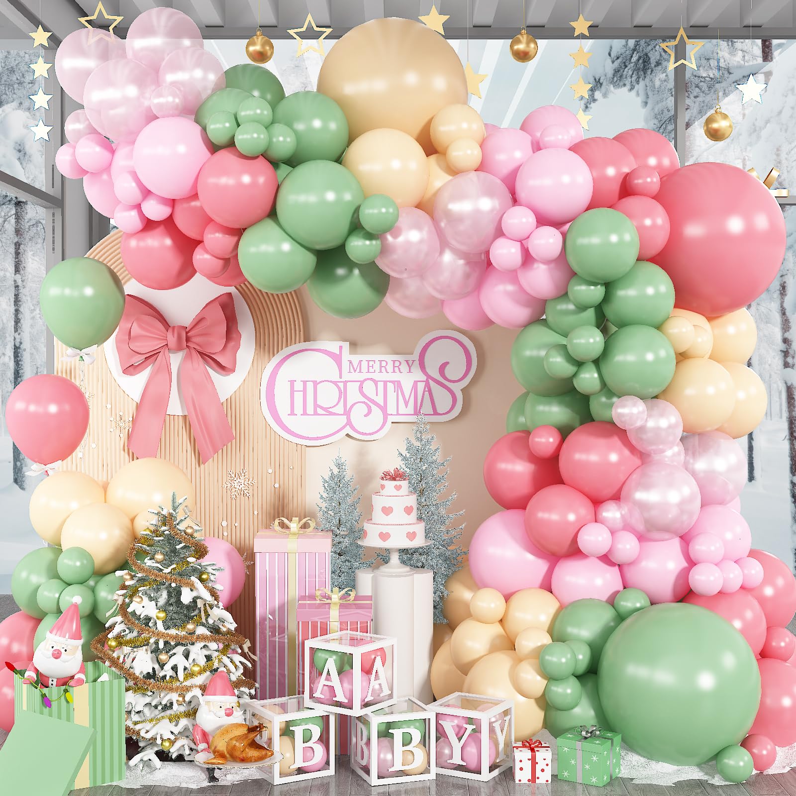 Jobkoo Nutcracker Christmas Fairy Balloon Garland Arch Kit, Sage Green and Pink Balloon, Green White Blush Pink Latex Balloons for Christmas Candyland