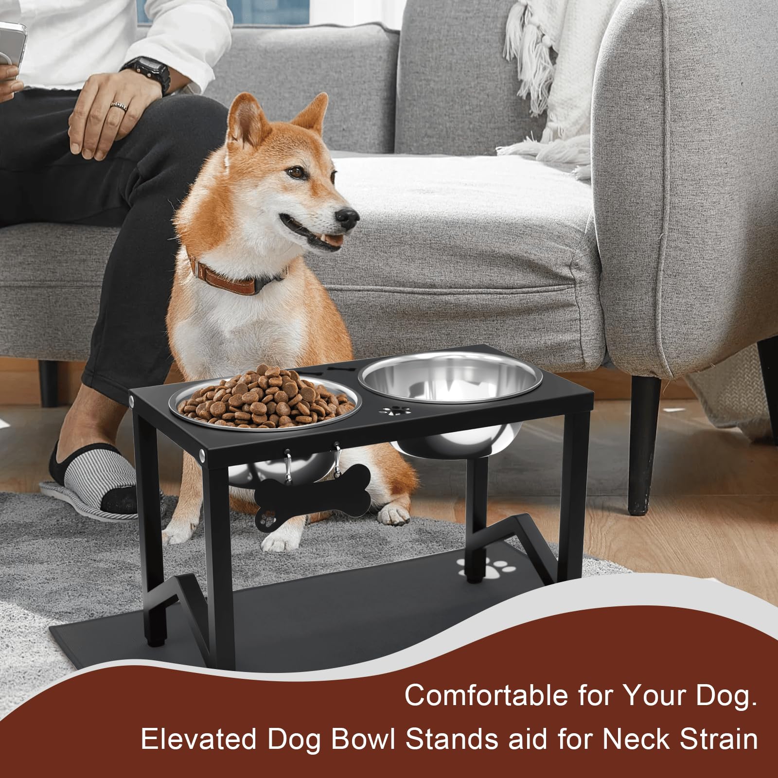 Ciotole per cani rialzate, supporto rialzato in metallo con 2 ciotole in acciaio inox spesse 1,644 g e tappetino antiscivolo, altezza 30 cm, per razze medie/grandi