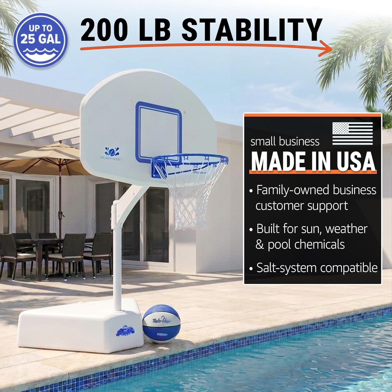 Dunn-Rite Splash & Shoot Outdoor Adjustable Height Swimming Pool Basketball Hoop w/Ball, Base, & 18 Inch Stainless Steel Rim for Adults & Kids, White & Blue
