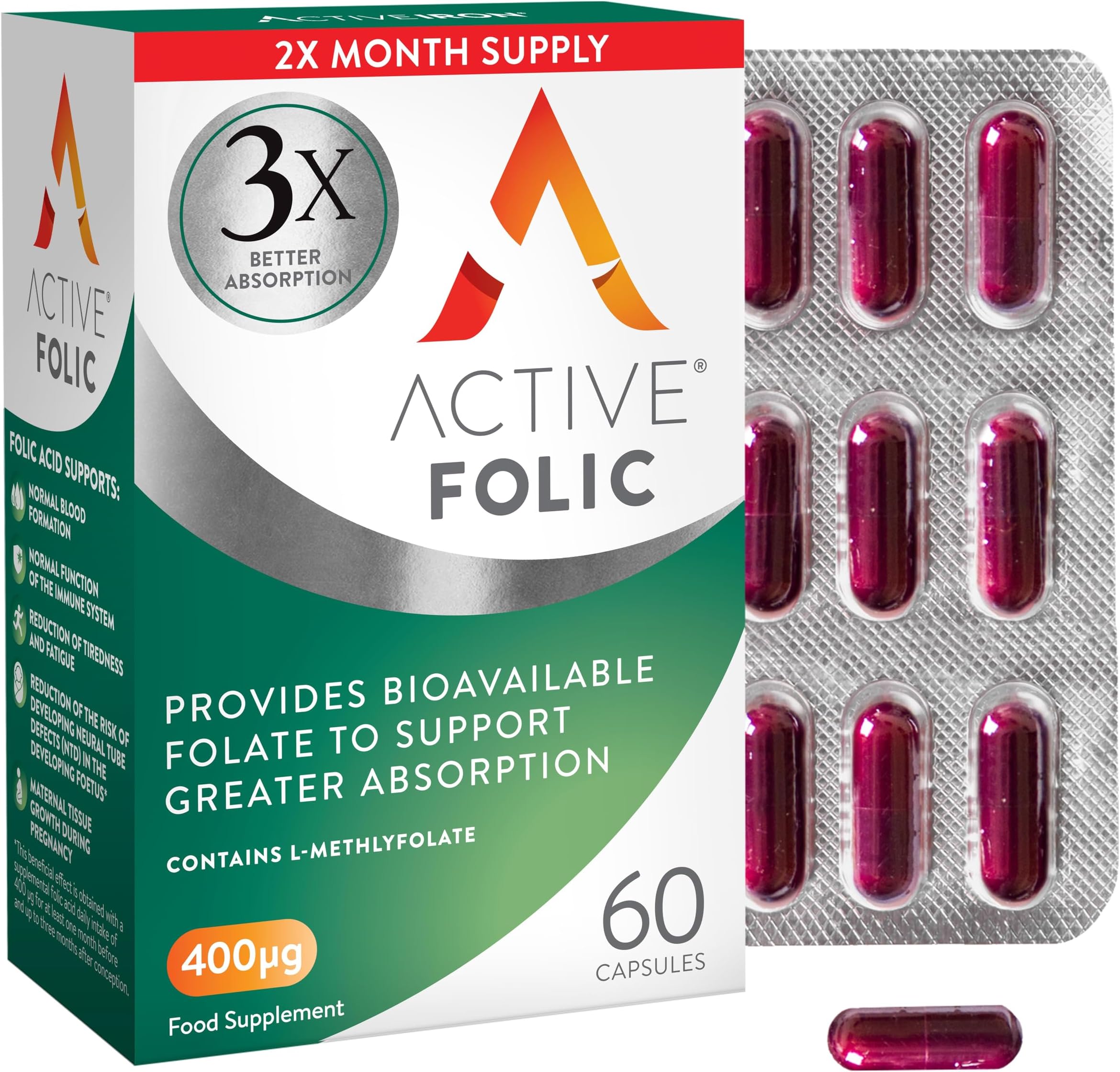 Active Folic 400 mcg โ L-Methylfolate Folic Acid Supplement โ Highly Absorbed, Vegan โ Supports Pregnancy, Energy, Tiredness & Fatigue Reduction โ 60 Capsules (2-Month Supply)