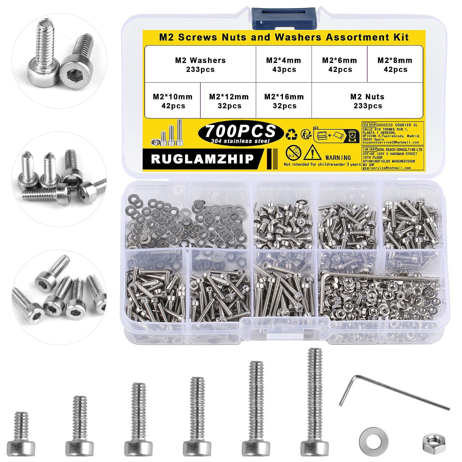 700 Pcs M2 Bolts and Nuts Set, Assorted Nuts and Bolts Set, Stainless Steel Hex Socket Button Head Screws and Washers, Hex Socket Head Cap Screws, Machine screw Assortment, Bolt and Nut Sets