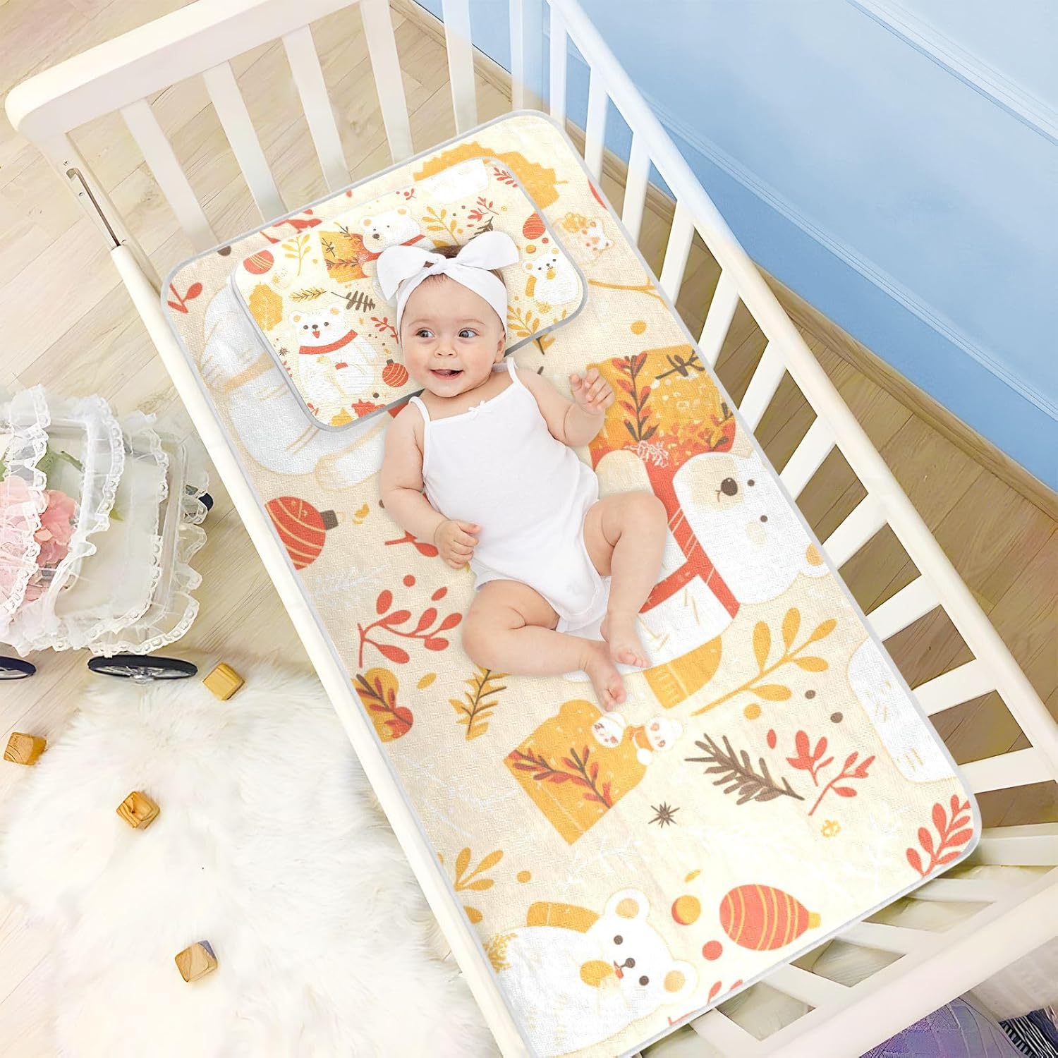 Delicate Cartoon Bear Gold Christmas Cooling Baby Mattress Protector 28" x 52" Ultra Soft Mattress Protector pad for Baby&Toddler
