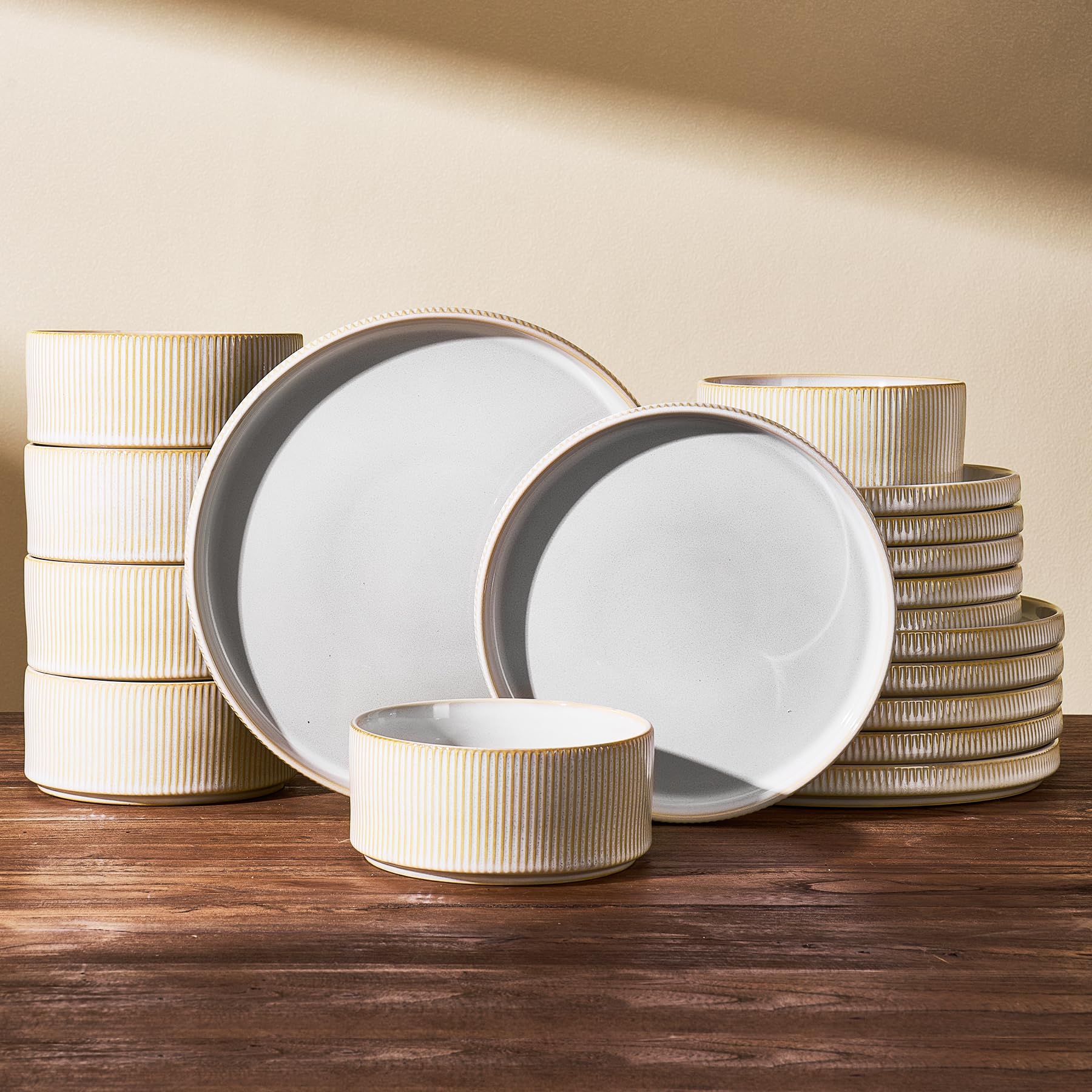 Dinnerware Set for 6, Ceramic Ribbed Plates, Bowls, Dishes