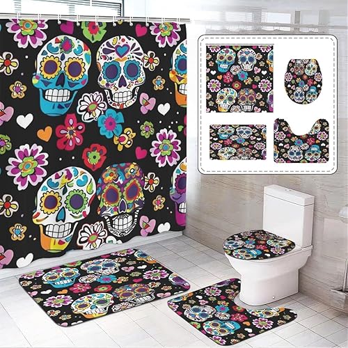 Miniatura 9 de Sugar Skull - Juego de baño de 4 piezas con cortina de ducha de 71 x 71 pulgadas, tapete de baño, alfombra de contorno, cubierta para tapa