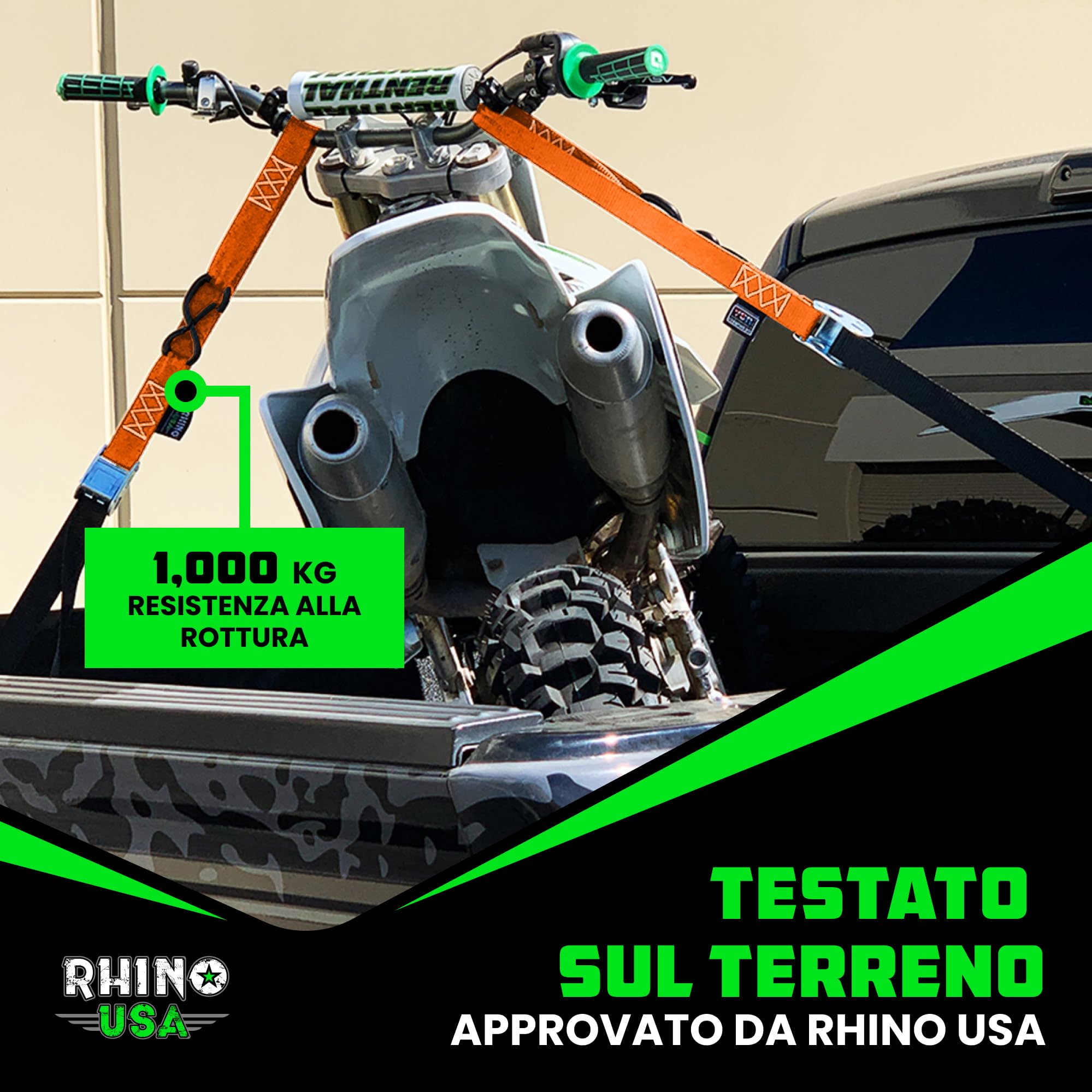 Rhino USA Cinghie a Cricchetto per Moto 1000 kg - Cinghie di Fissaggio a Cricchetto - 2 Pz - Cinghie con Ganci a S con Sicura - Cinghia a Cricchetto - per Viaggio Trasporto Trasloco - Orange