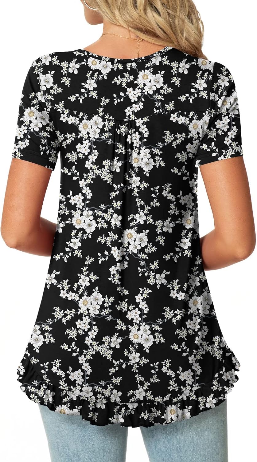 POPYOUNG Tunic Tops for Women Dressy Loose Fit Casual Short Sleeve Long Shirts Ruffled Hem Blouse wear with Leggings - Image 3