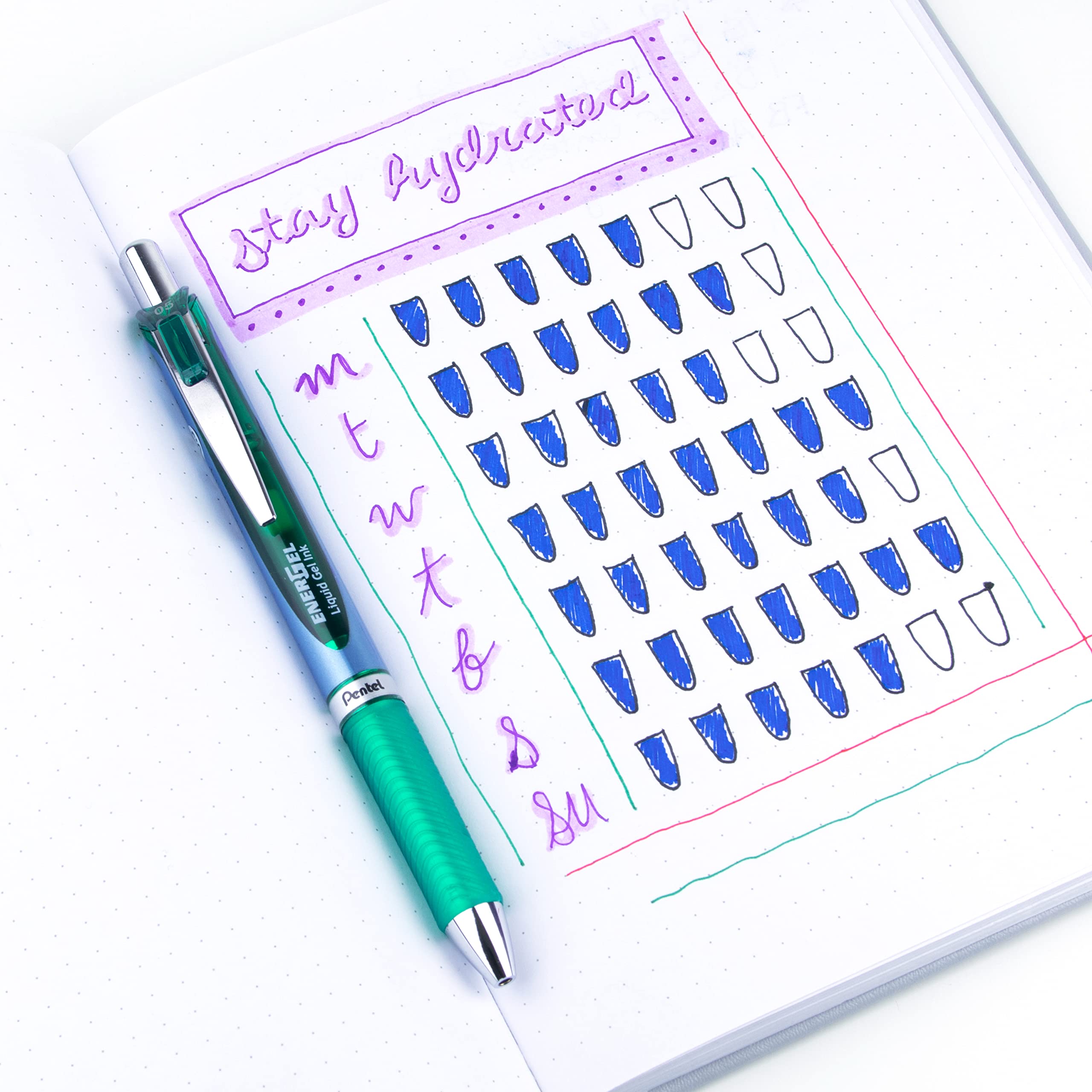 Pentel EnerGel Deluxe RTX BLN75-D - Penna gel liquido retrattile, tratto fine, punta ad ago, inchiostro verde, confezione da 12