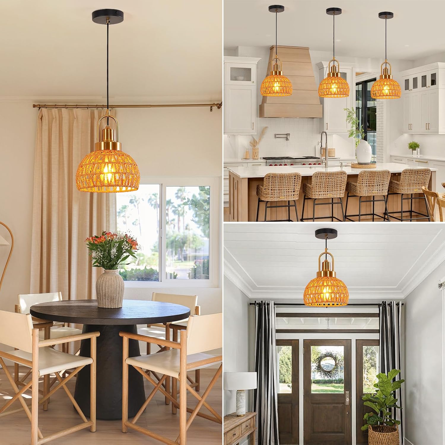 9.45" Boho Gold Rattan Pendant Light Modern Vintage Dome Farmhouse Pendant Light Fixtures Hand Woven Golden Bamboo Wicker Pendant Lights for Kitchen Island, Dining Room, Bedroom, Hallway