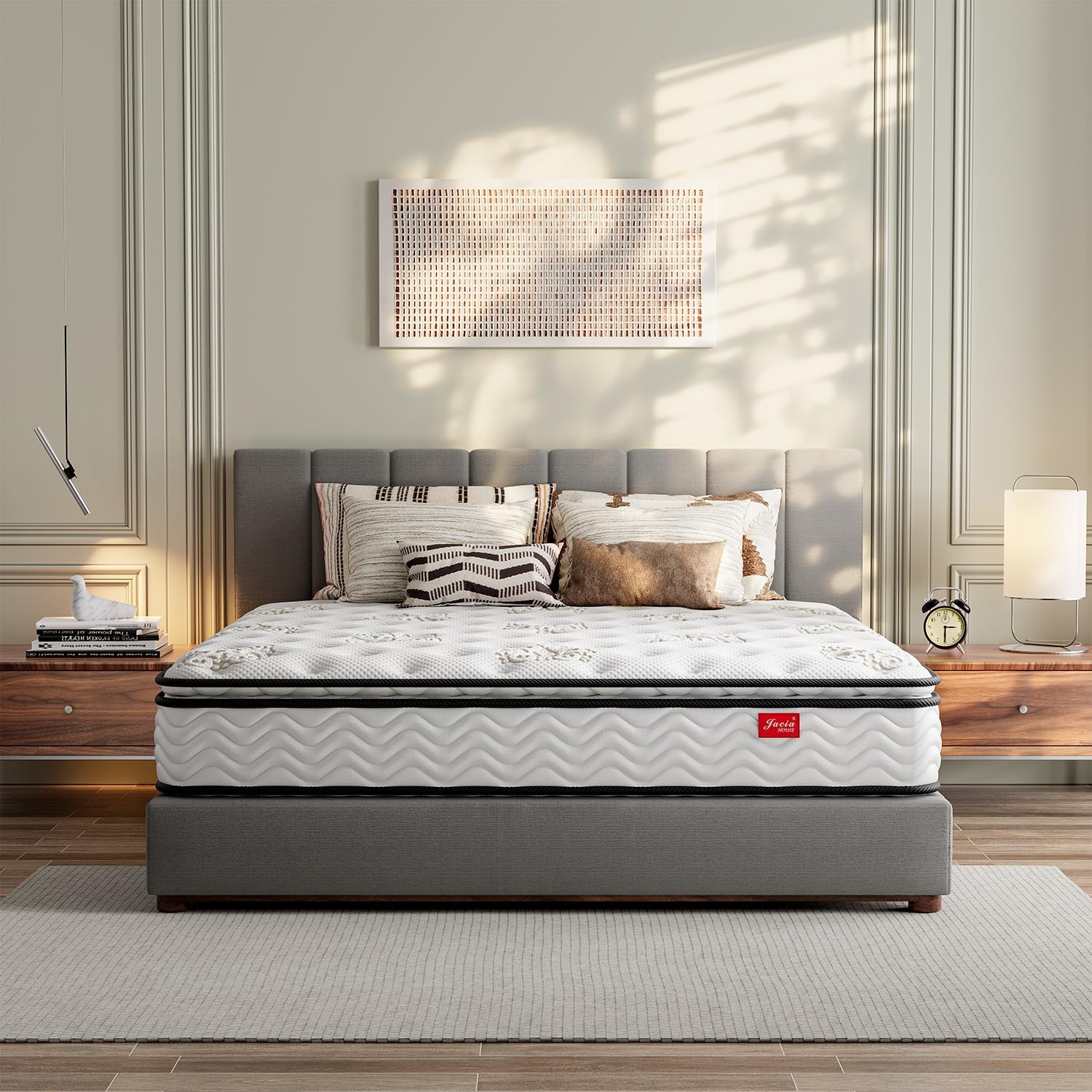 Jacia House King Mattress, 11.4 Inch Pillow Top Hybrid Mattress, Hotel-Level Comfort Skin-Friendly Pocket Springs with Memory Foam, King Size 76" W x 80" L