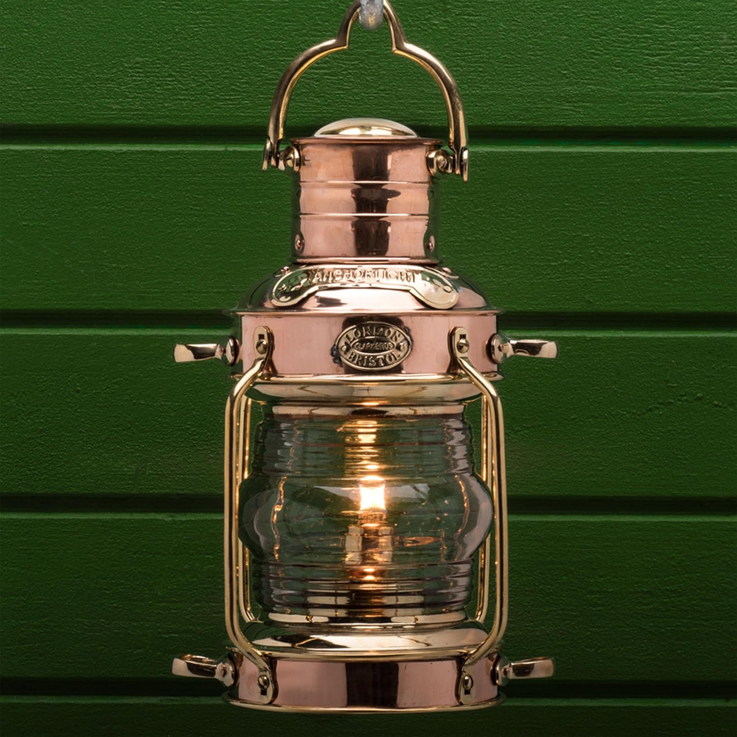 Kings County Tools Oil Lantern - 100% Working Copper and Brass Lantern with Built-in Hook for Easy Hanging - 11” Antique Maritime Hanging Lamp with Fresnel Glass Design for Vintage Home Decor