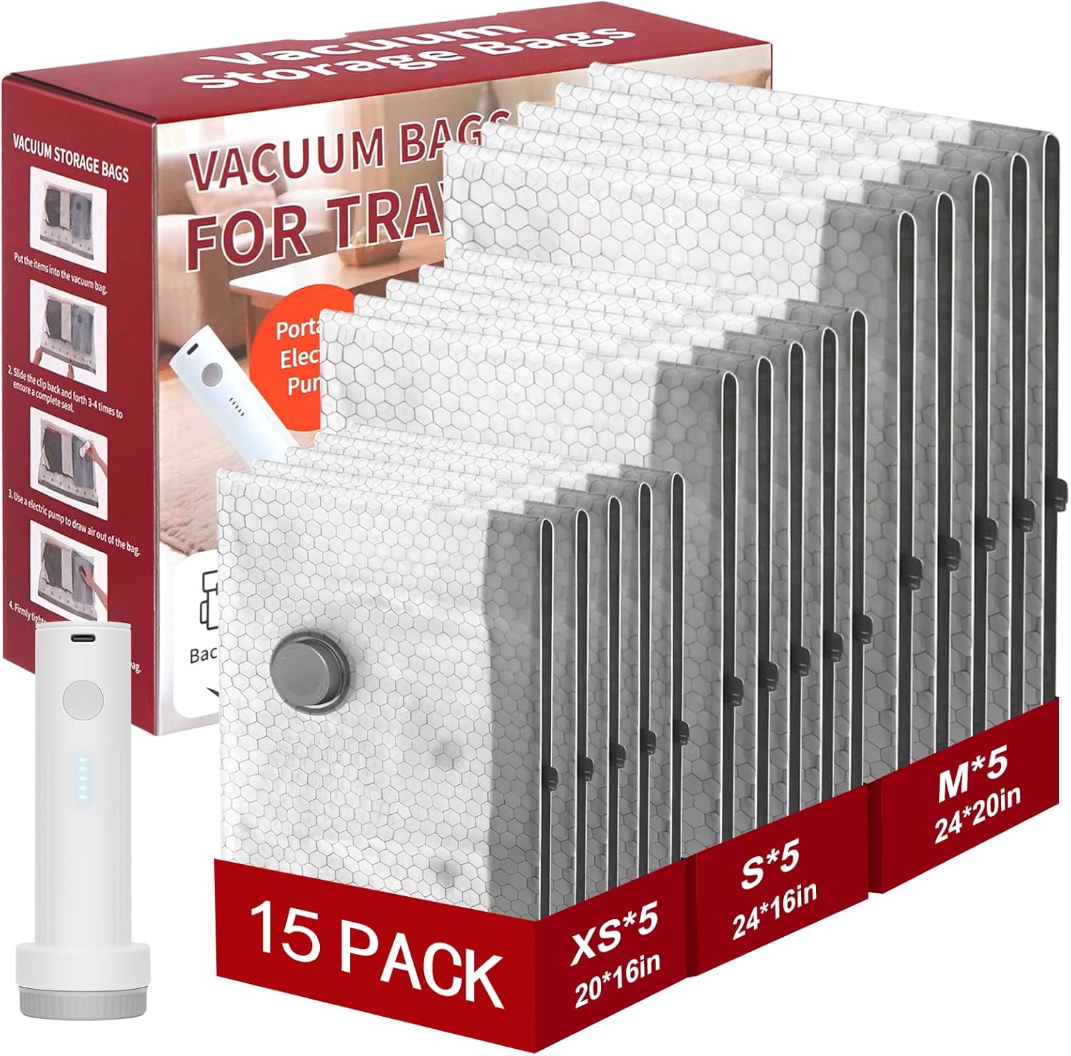 Rechargeable Wireless Pump Travel Storage Bags Set, 15 Combo (5XS/5S/5M) Portable Space Saver Bags for Travel & Home, Vacuum Compression Packing Seal for Clothes, Blankets, Home Seasonal Storage