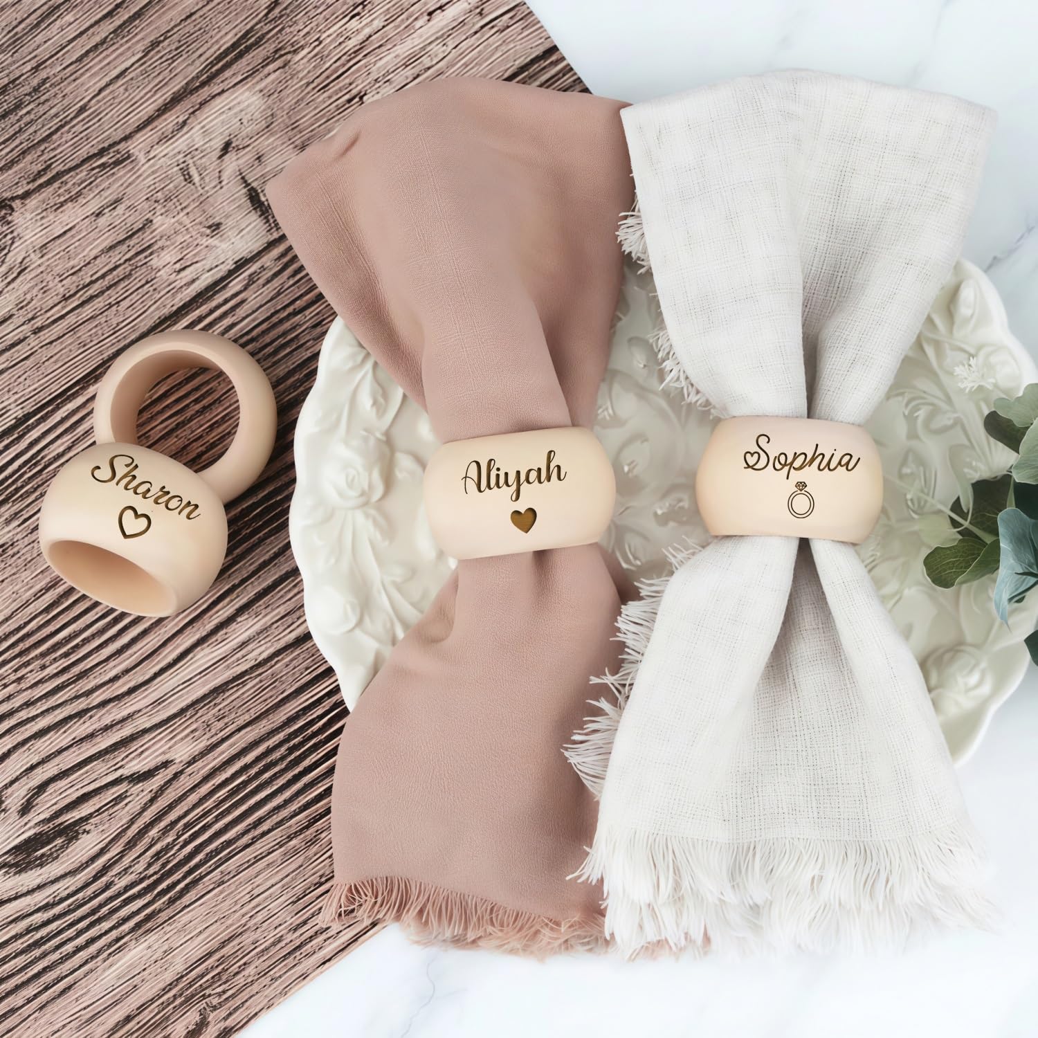 Custom Engraved Wooden Napkin Rings, Personalized Name & Icon Engraved Table Setting Decor, Modern Farmhouse Napkin Holder Buckles, Wedding Dinner Favors(6PCS)