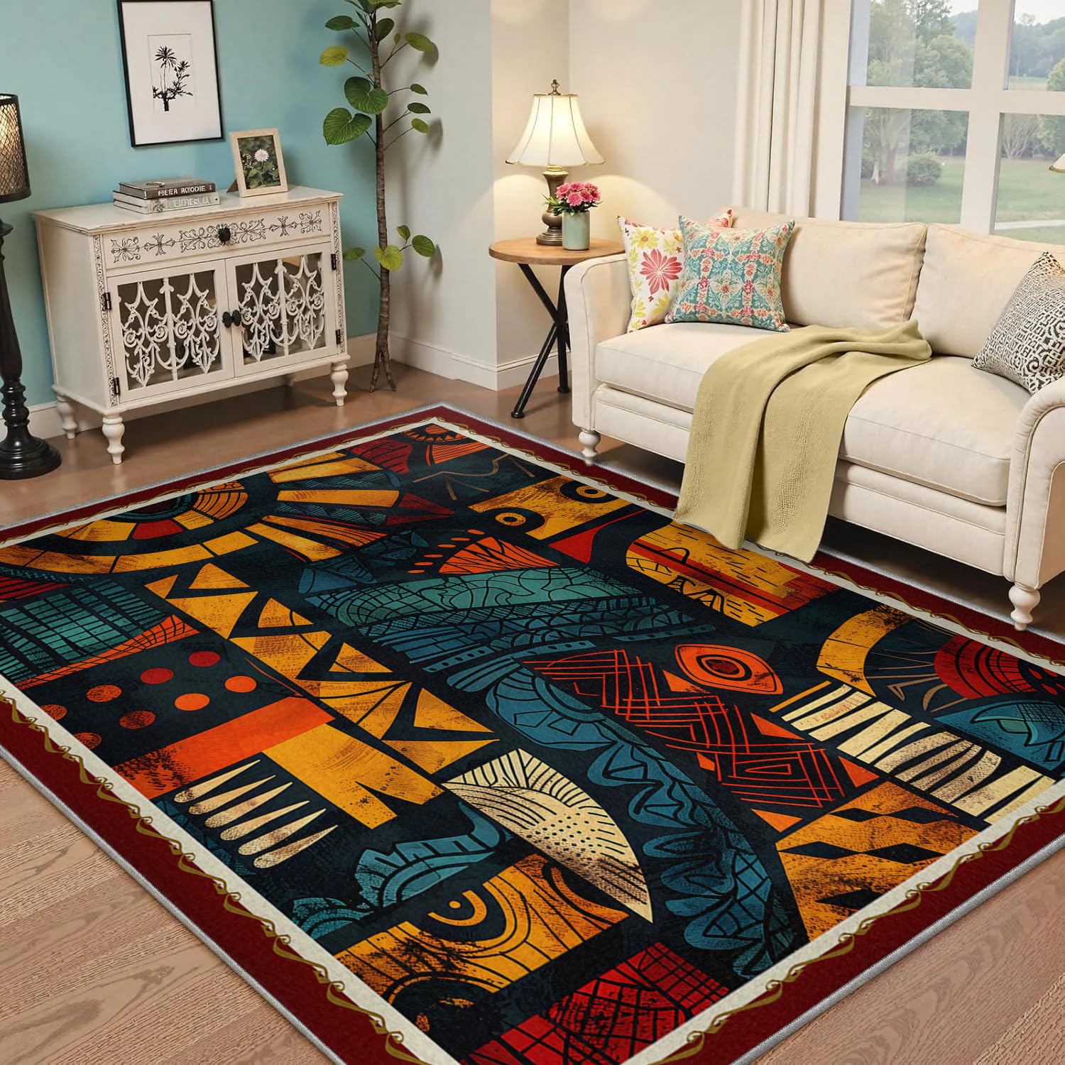 Tappeti tribali africani lavabili, blocchi totem geometrici astratti e tappeti per soggiorno con motivo etnico azteco, tappeto morbido a pelo basso per camera da letto e sala da pranzo 80x120cm