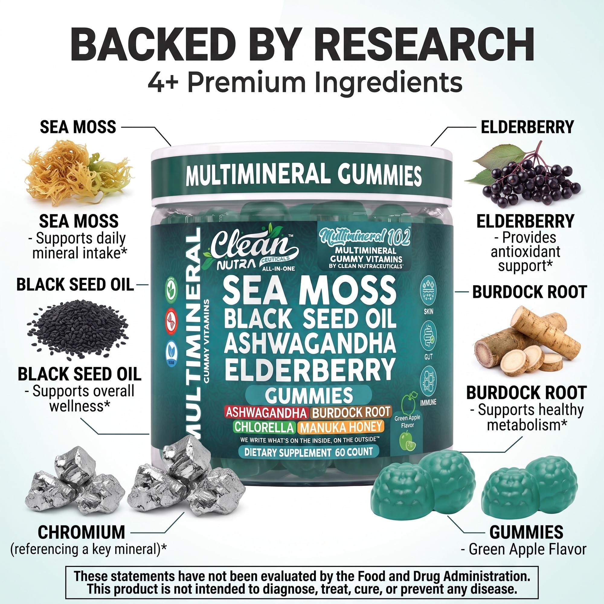 Sea Moss Gummies | Clinically Tested - Black Seed Oil Ashwagandha Elderberry Burdock Root Chlorella Manuka Honey - Vegan Irish Sea Moss Gummy Vitamins for Adults Kids Men Women - Green Apple Flavor — Amazon image 3
