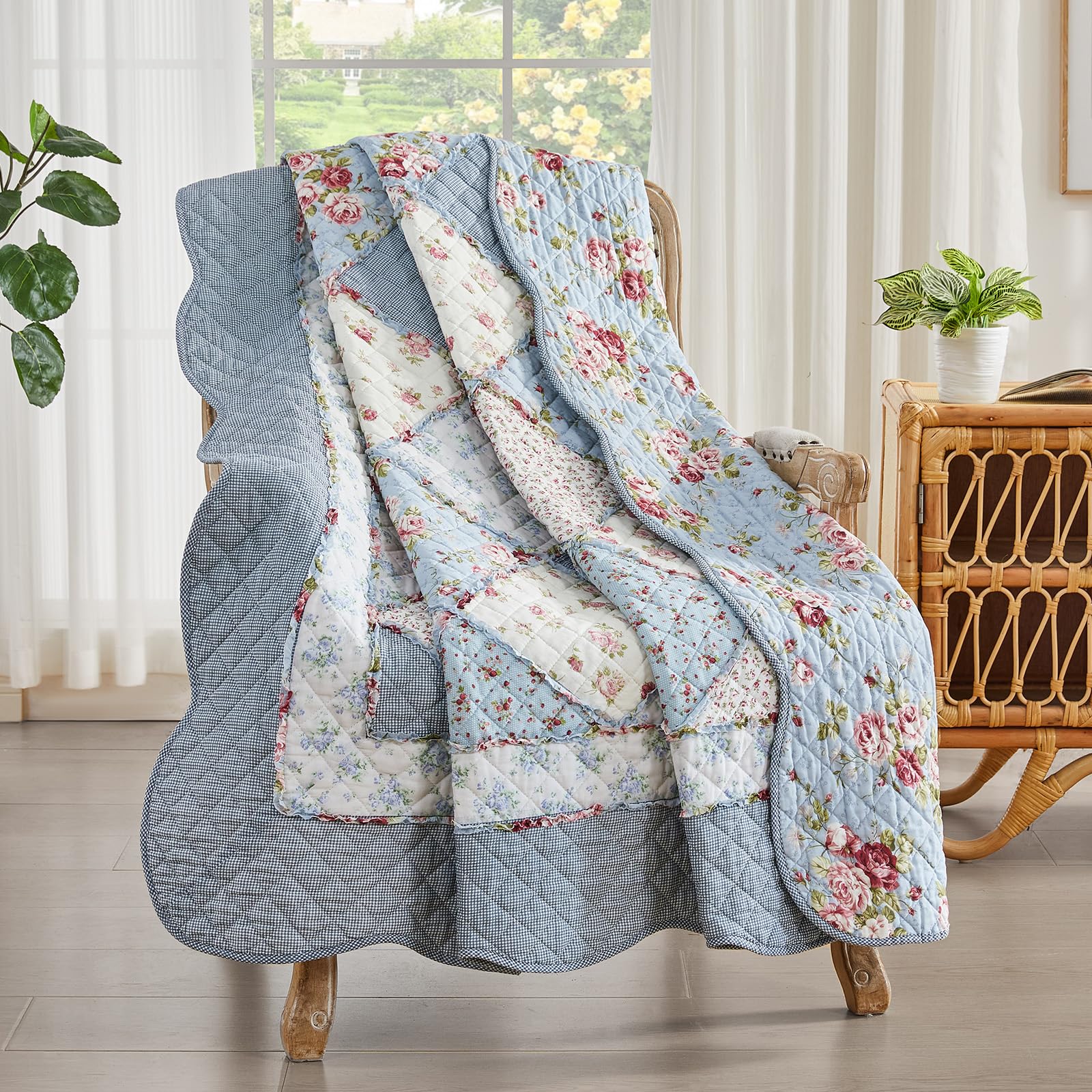 Qucover Patchwork Copriletto, Trapuntato Singolo 150x200 cm,Trapuntino per Primaverile Estivo Coperta in Cotone Shabby chic Stile Country Blu Floreale