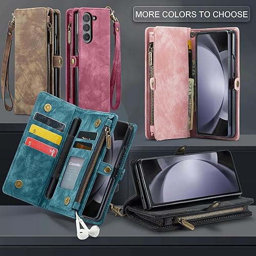 Miniatura 8 de Kowauri Funda para Samsung Galaxy Z Fold 5, con cremallera, magnética, de piel, con soporte para bolígrafo S, correa de muñeca, tarjetero a prueba