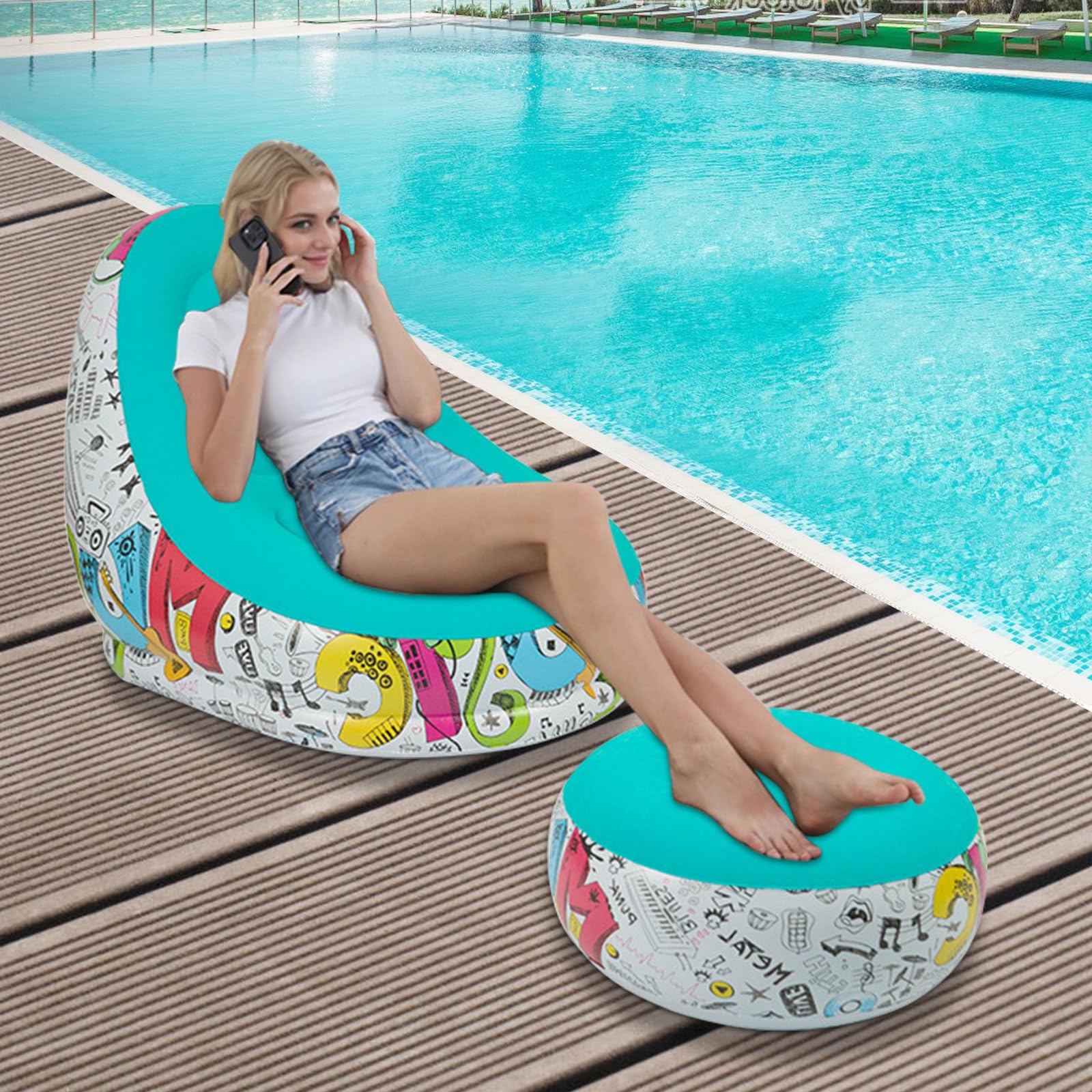 Gohytal Aufblasbares Sofa, mit Hocker Wasserdichtes Luftsofa Outdoor Tragbares Aufblasbar Luft Sofa Couch Air Lounger mit Portable Paket für Camping Urlaub Schwimmbad Strandparties Hinterhof,Cyan