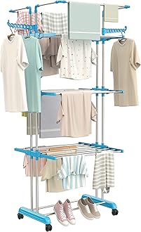 Synergy - Premium Heavy Duty Stainless Steel Foldable Cloth Drying Stand/Clothes Stand for Drying/Cloth Stand/Clothes Dryer/Laundry Racks (4 Tier) Blue - SY-CS19-L4
