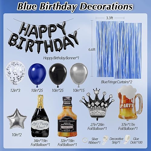 Miniatura 2 de Decoraciones de feliz cumpleaños azul y negro para hombres, decoraciones de cumpleaños con pancarta, cortinas de flecos, globos de aluminio, kits de
