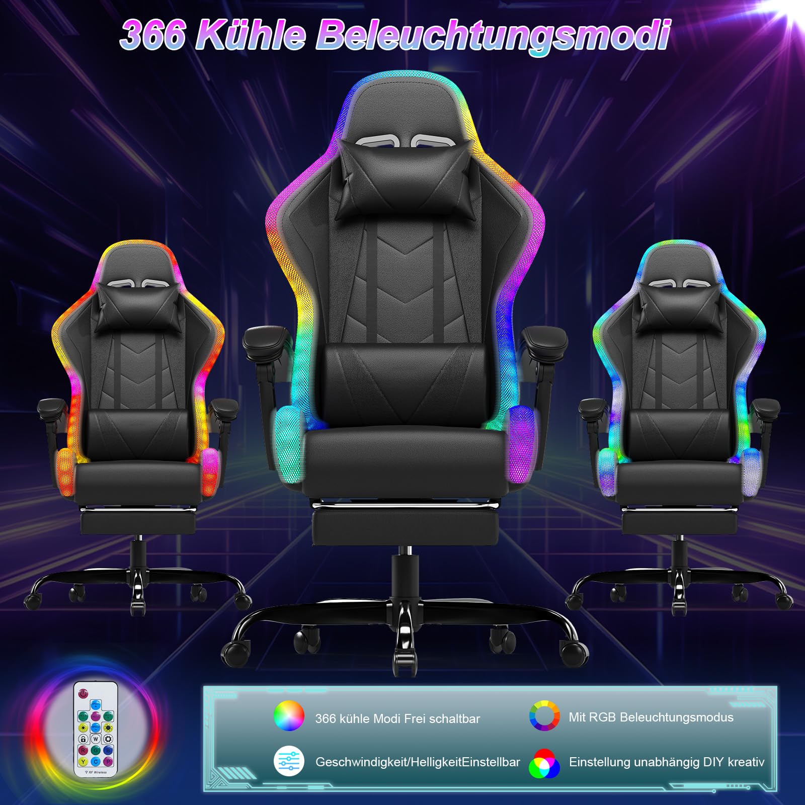 Devoko LED Gaming Stuhl – Ergonomischer Bürostuhl mit Massagefunktion & Teleskop-Fußstütze, Verstellbare Rückenlehne (90-135°), für Gamer bis 150 kg, Augenschonendes Design, Schwarz