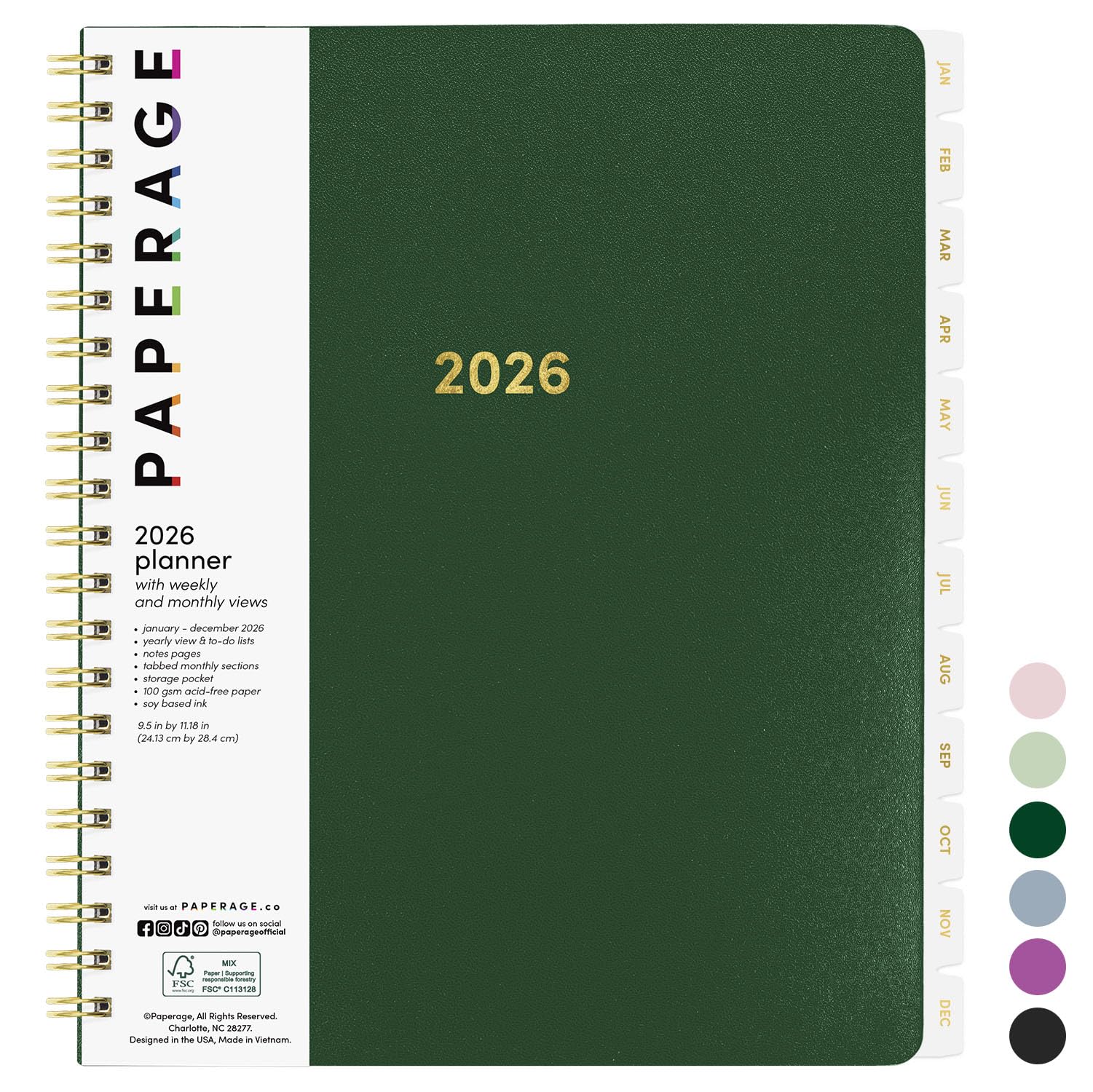 PAPERAGE 2026 Weekly & Monthly Planner, 12 Months (January 2026 - December 2026), 9.2 in x 11.2 in, Spiral Bound 2026 Planner with Weekly, Monthly & Yearly Views, Note Pages & Inner Pocket – Dark