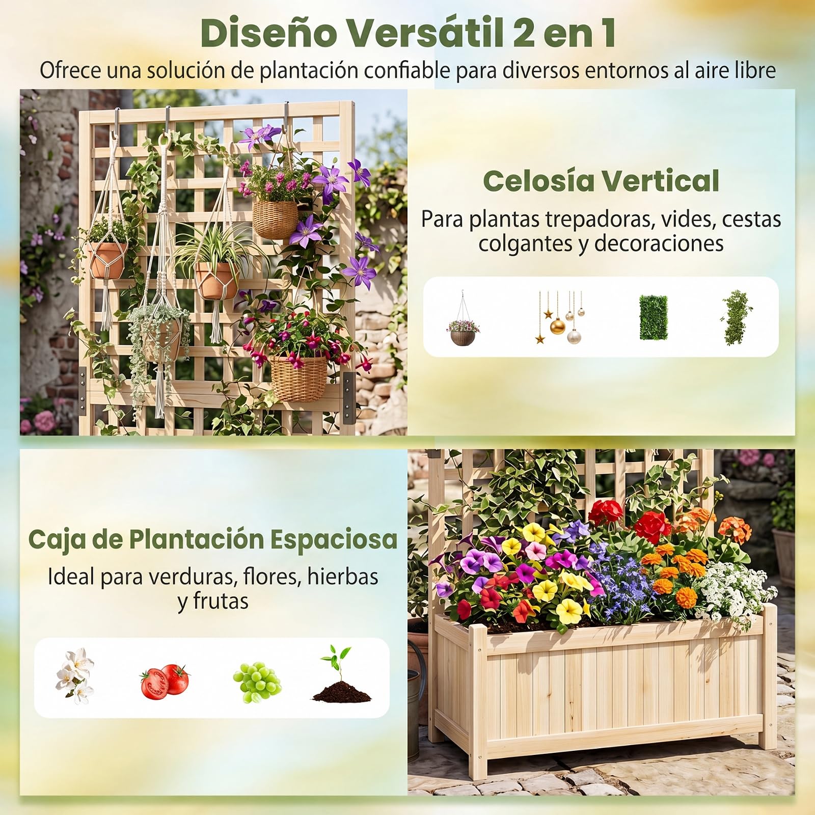 COSTWAY Jardinera Elevada con Enrejado, Macetero con Soporte para Trepadoras, Marco de de Madera de Abeto, Agujeros de Drenaje, Huerto Urbano Exterior Grande para Terraza Balcón Patio (Natural)