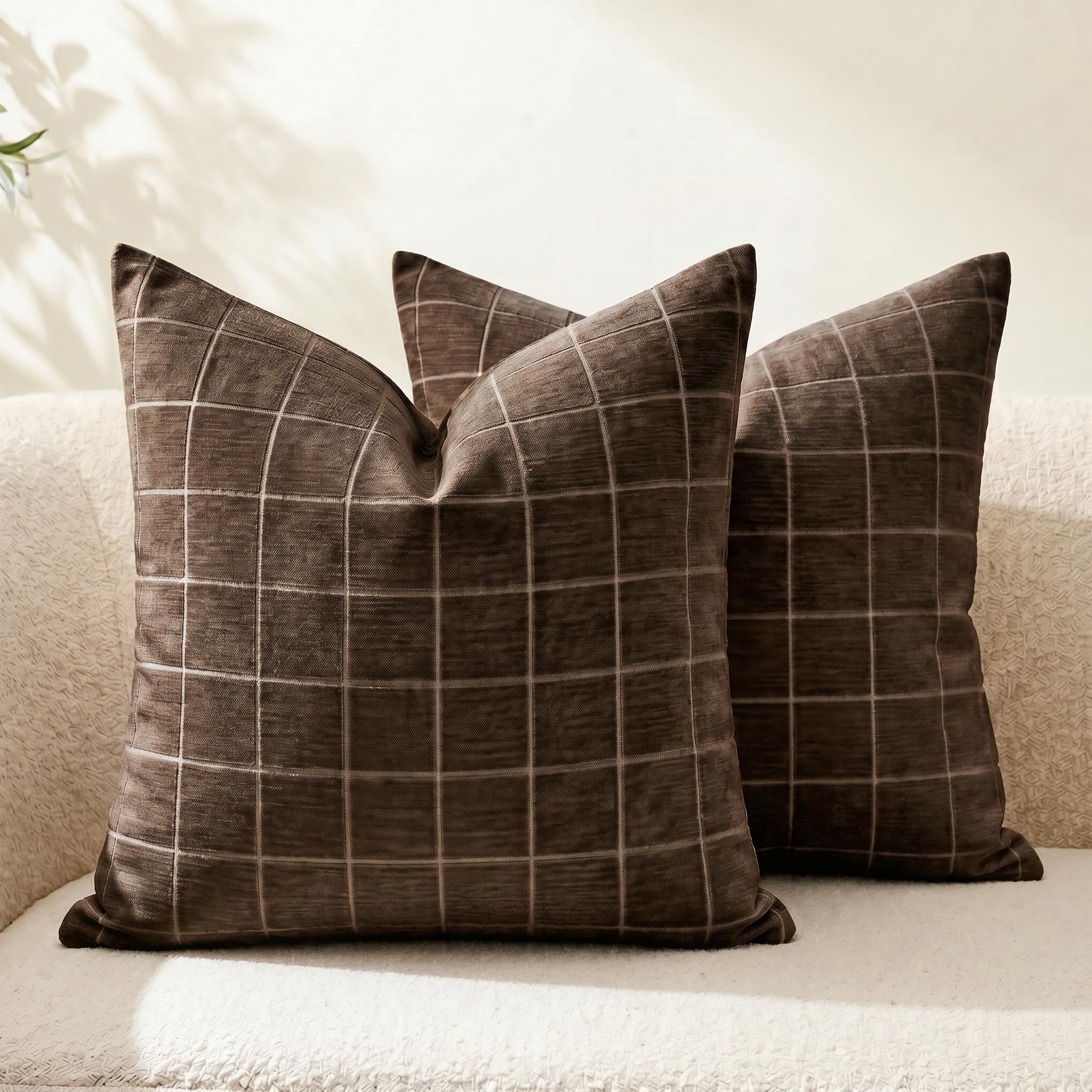 Neelvin Set of 2 Cushion Covers 50x50cm(20x20 inch) Chenille Plaid Checkered Decorative Throw Pillows Farmhouse Modern Soft Textured Neutral Style Sofa for Bedroom Living Room Brown โ image 1