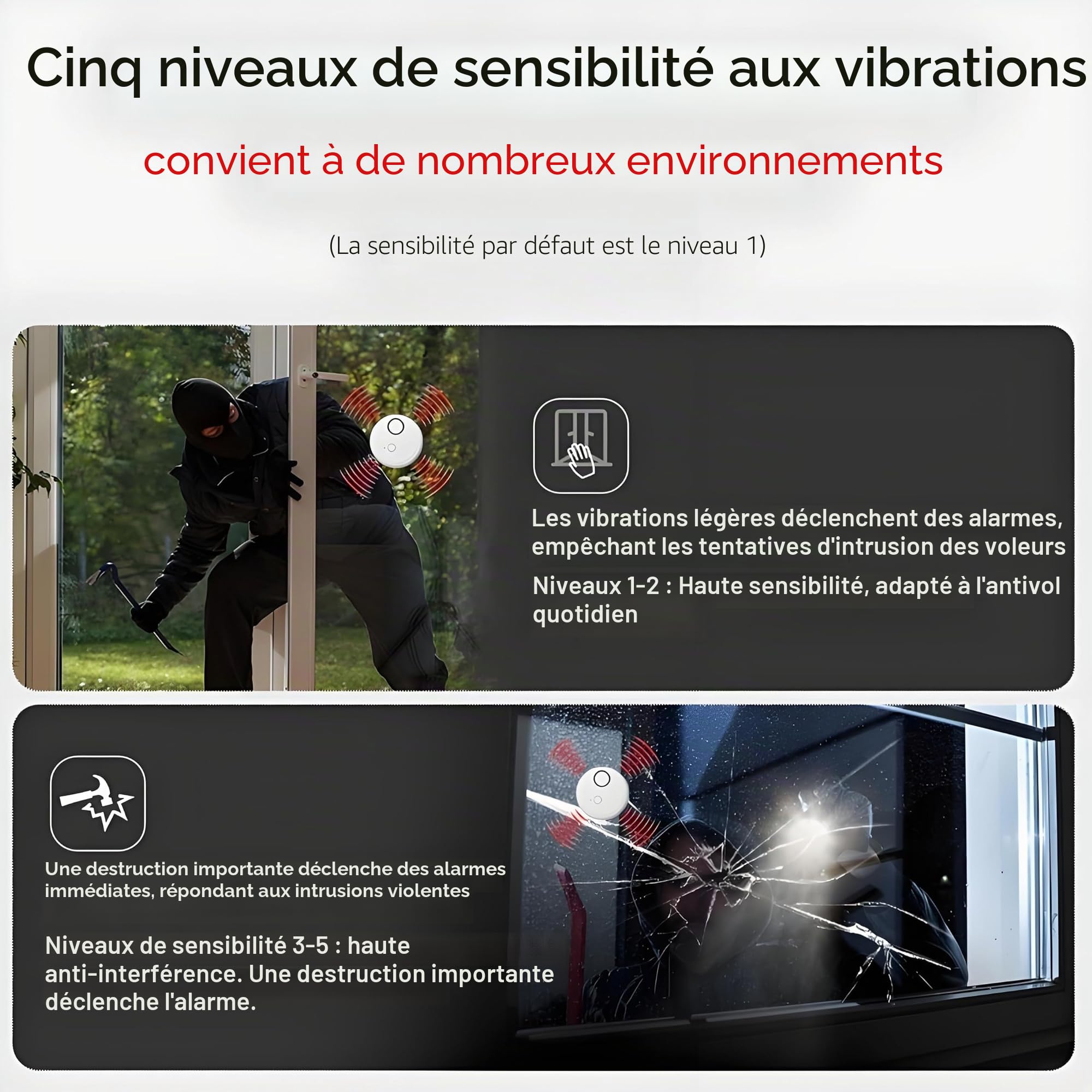 Lot de 4 alarmes à vibrations avec 5 niveaux de sensibilité 130 dB Sirène insonorisée Capteur de sécurité ajustable Mince Anti-effraction pour vitres Portes Coffres-forts Sans perçage