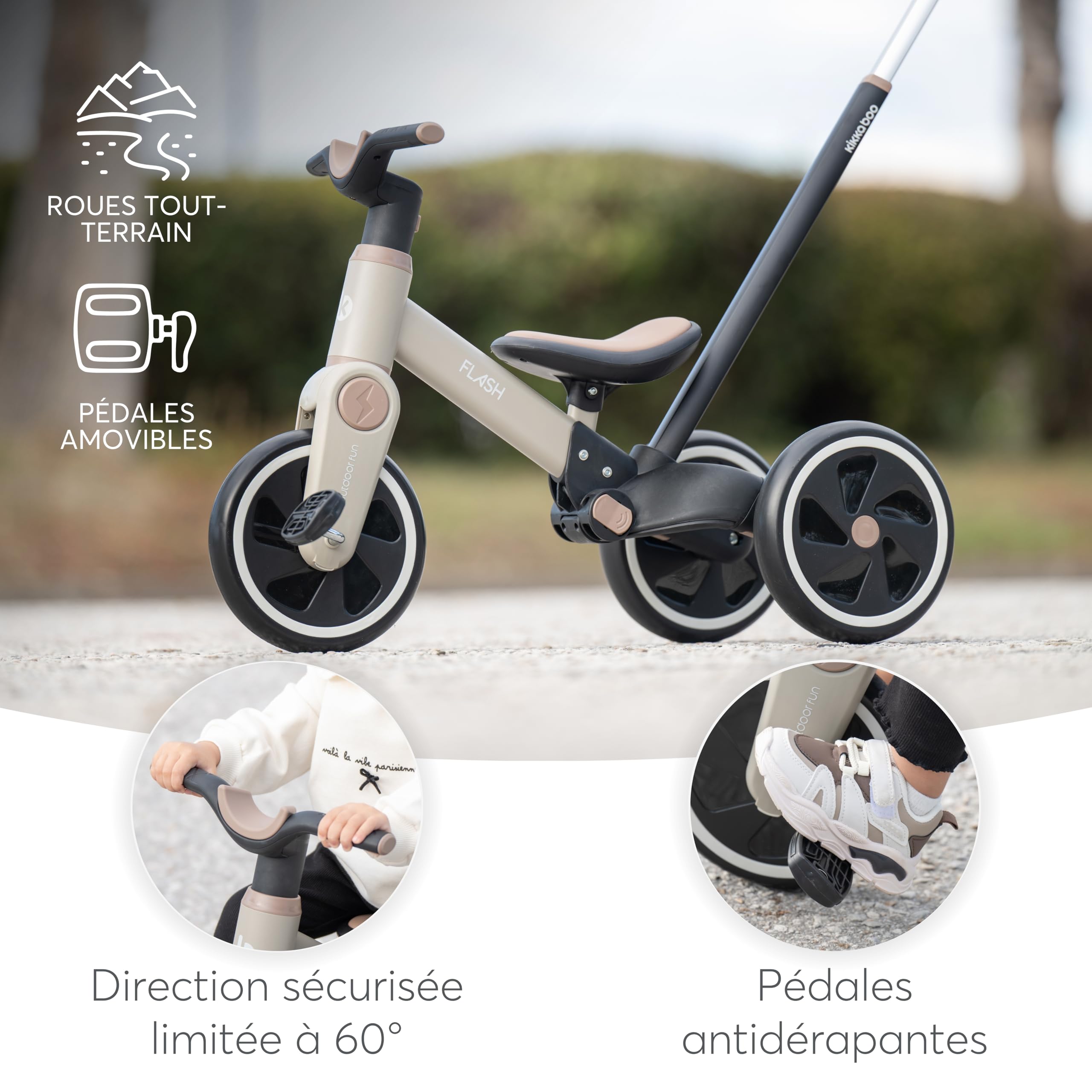 KikkaBoo Tricycle Bébé Évolutif 5 en 1 Flash, Vélo sans Pédales et Draisienne Évolutive, Poignée Parentale Réglable, Roues EVA, Cadre en Acier, de 18 Mois à 4 Ans, Gris
